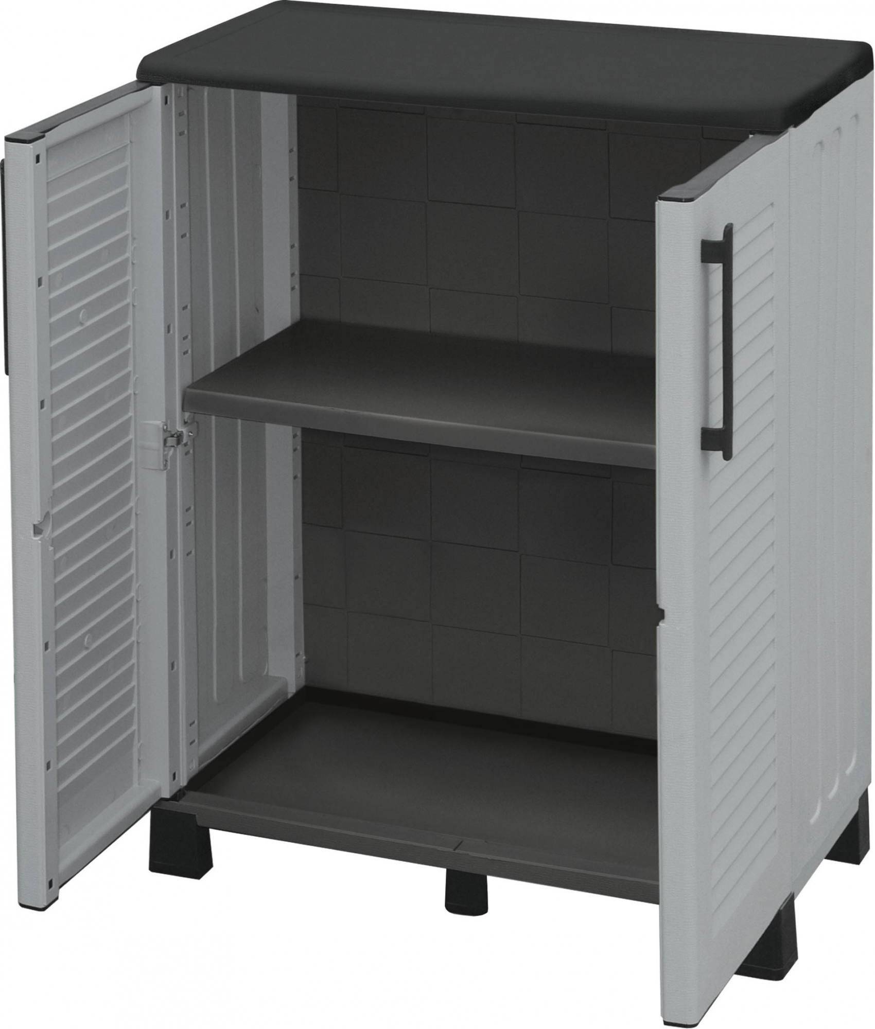 Dmora - Armoire d'extérieur Dbirindell, Armoire de balcon polyvalente, Armoire d'extérieur 2 portes, 68x37h90 cm, Gris clair et noir, Finition rayée - Dmora - Image 6