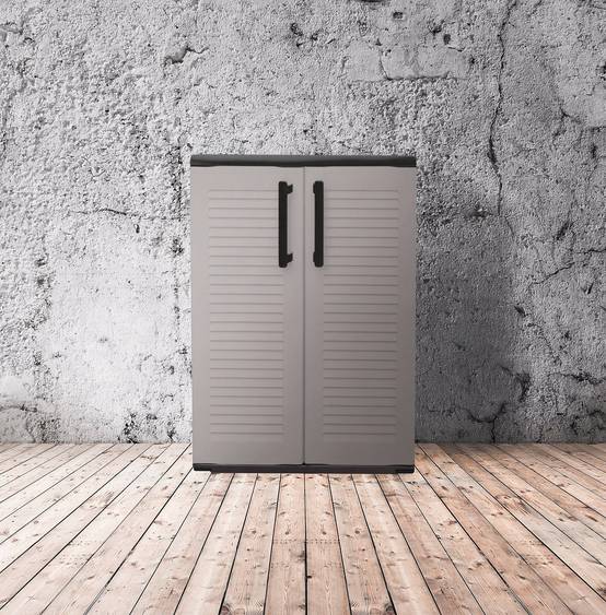 Dmora - Armoire d'extérieur Dbirindell, Armoire de balcon polyvalente, Armoire d'extérieur 2 portes, 68x37h90 cm, Gris clair et noir, Finition rayée - Dmora - Image 2