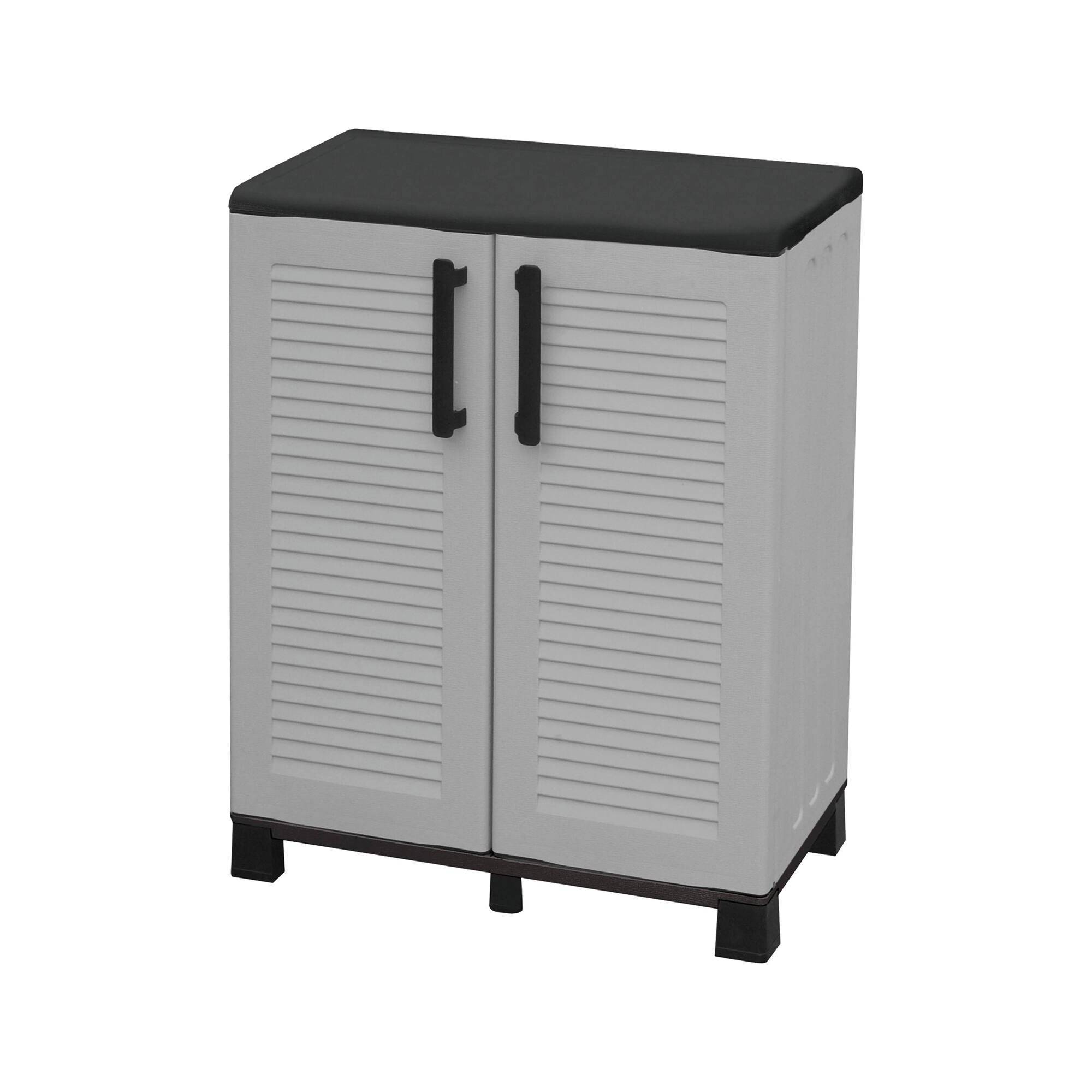 Dmora - Armoire d'extérieur Dbirindell, Armoire de balcon polyvalente, Armoire d'extérieur 2 portes, 68x37h90 cm, Gris clair et noir, Finition rayée - Dmora - Image 1