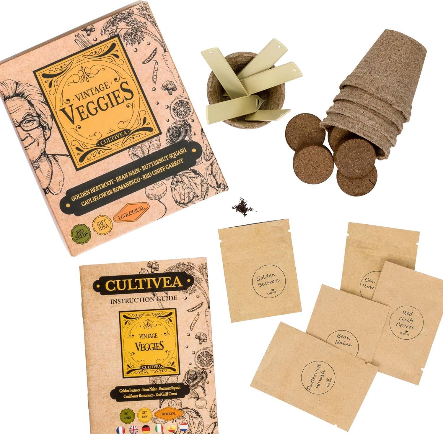 Kit Prêt à Pousser Légumes oubliés Vintage - (Betterave jaune, Haricot nain, Chou fleur romanesco natalino, Carotte, Courge) - Image 3