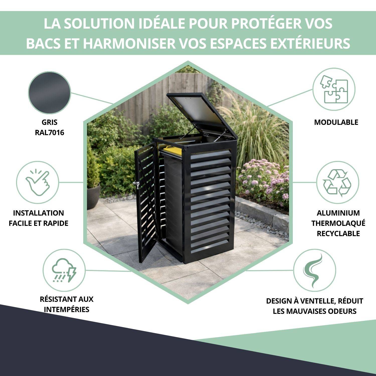 Cache Poubelle Extérieur Simple en Aluminium thermolaqué - Abri pour 1 conteneur 360 Litres – Gris anthracite RAL 7016 - Image 2