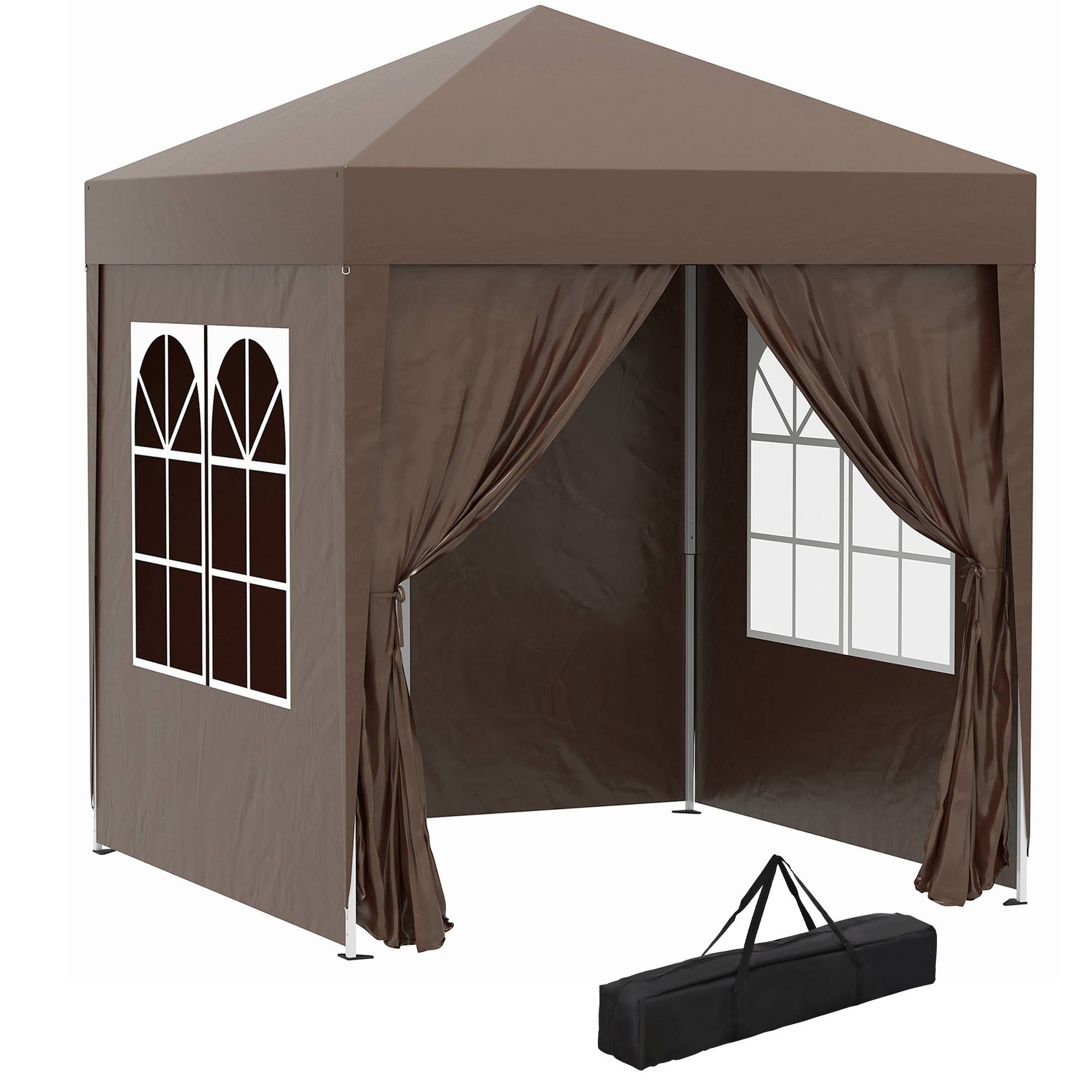 Tonnelle pliante 2x2 m avec 4 parois amovibles et sac de transport, en métal et polyester, marron