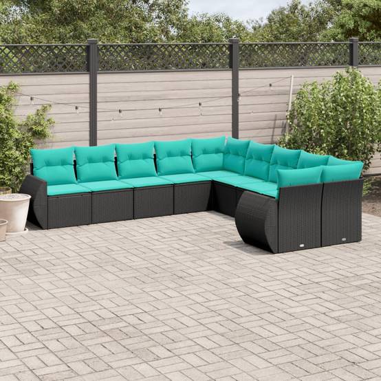 Salon de jardin bas 10 places modulable en résine tressée avec coussins bleus Noir – ComfortXL Outdoor Living - Image 1