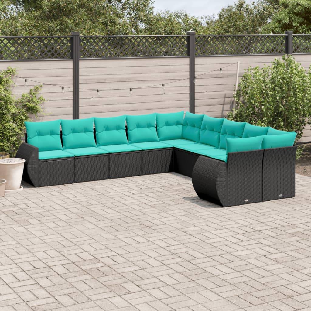 Salon de jardin bas 10 places modulable en résine tressée avec coussins bleus Noir – ComfortXL Outdoor Living - Image 1