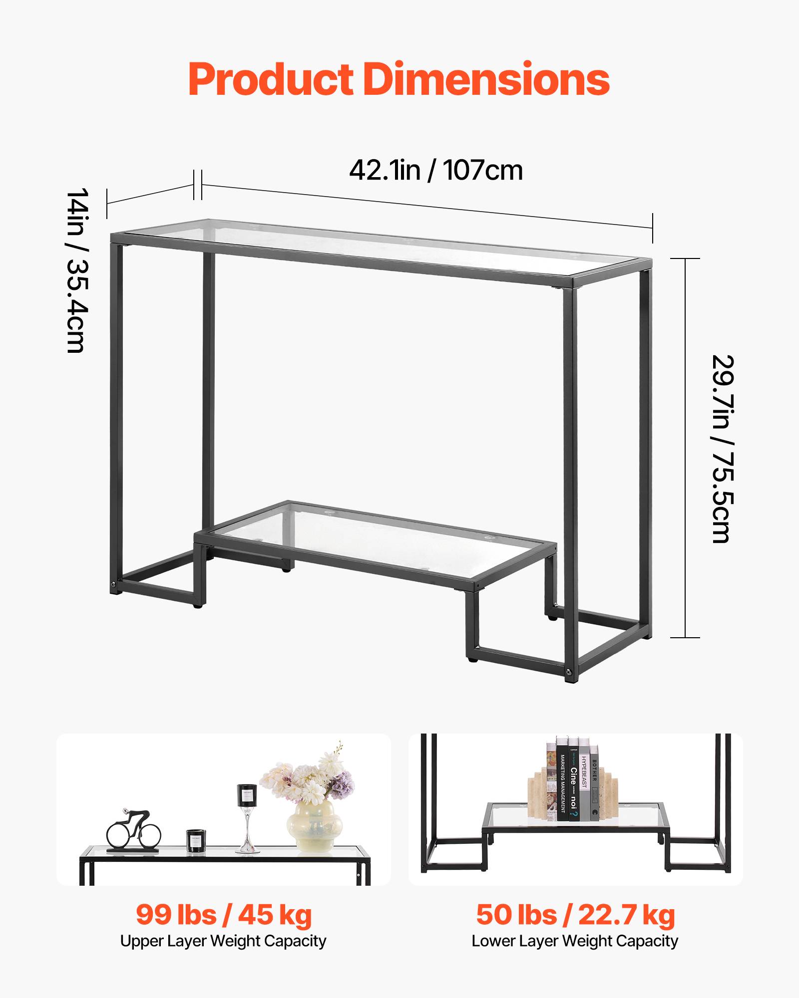 VEVOR Table console verre 2 niveaux, rectangulaire, moderne, noir. - Image 3