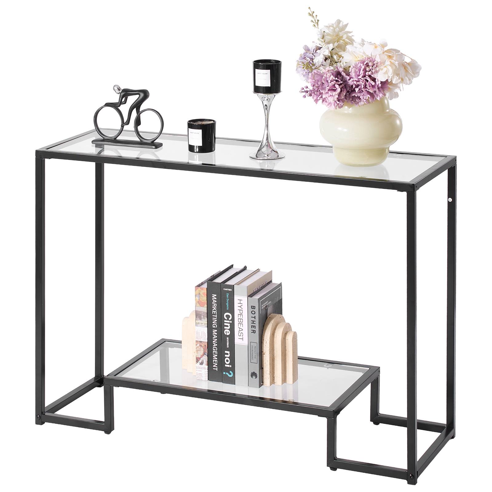 VEVOR Table console verre 2 niveaux, rectangulaire, moderne, noir. - Image 1