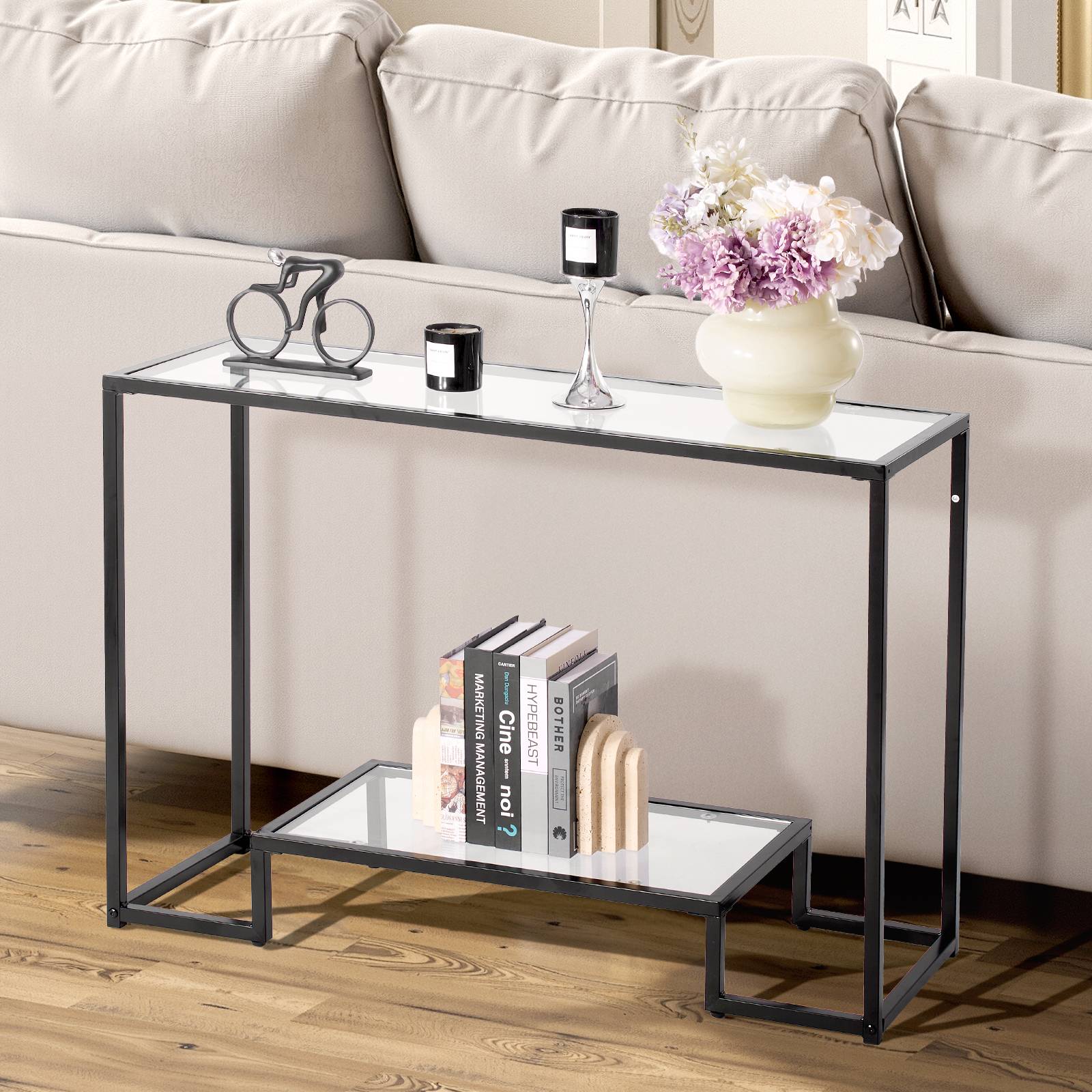 VEVOR Table console verre 2 niveaux, rectangulaire, moderne, noir. - Image 8