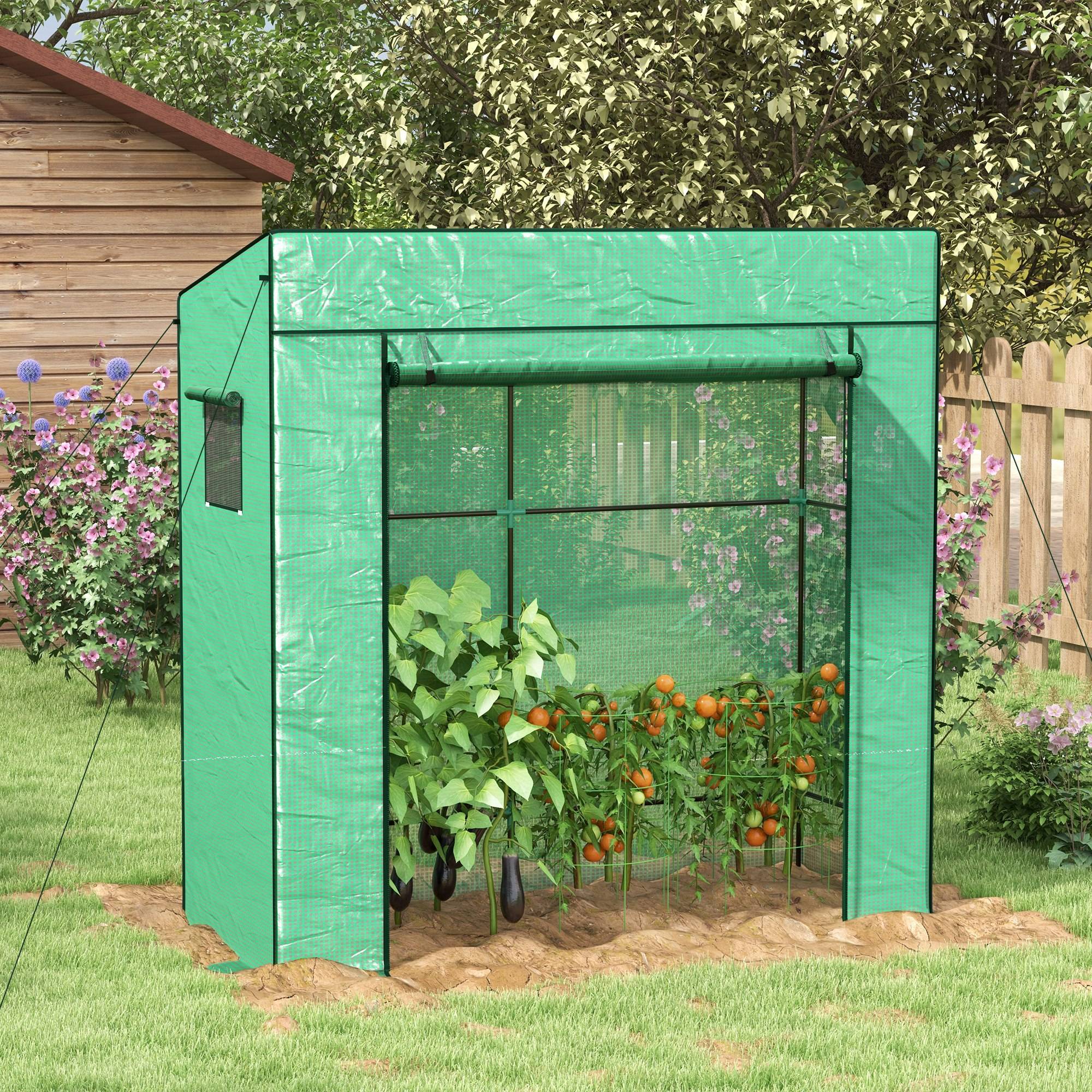 Serre d'extérieur avec fenêtres en filet et porte zippée pour la culture de plantes et de fleurs, 196 x 77 x 197 cm, verte - Image 3