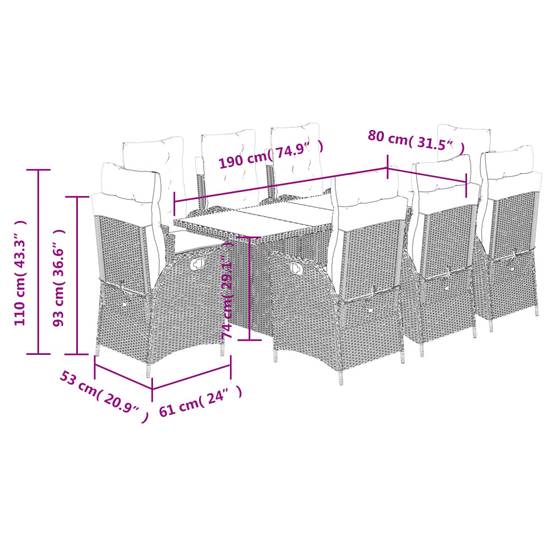 Salon de Jardin Poly Rotin Noir 8 Places, 2 Fauteuils avec Repose-pieds, Table 190x80cm, Coussins Noirs – ComfortXL Outdoor Living - Image 4