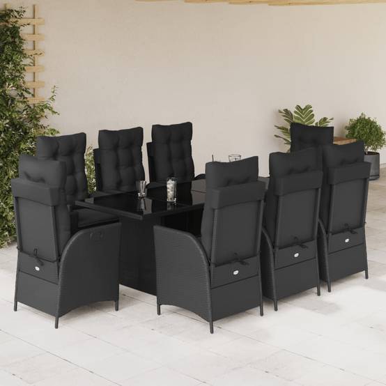 Salon de Jardin Poly Rotin Noir 8 Places, 2 Fauteuils avec Repose-pieds, Table 190x80cm, Coussins Noirs – ComfortXL Outdoor Living - Image 1
