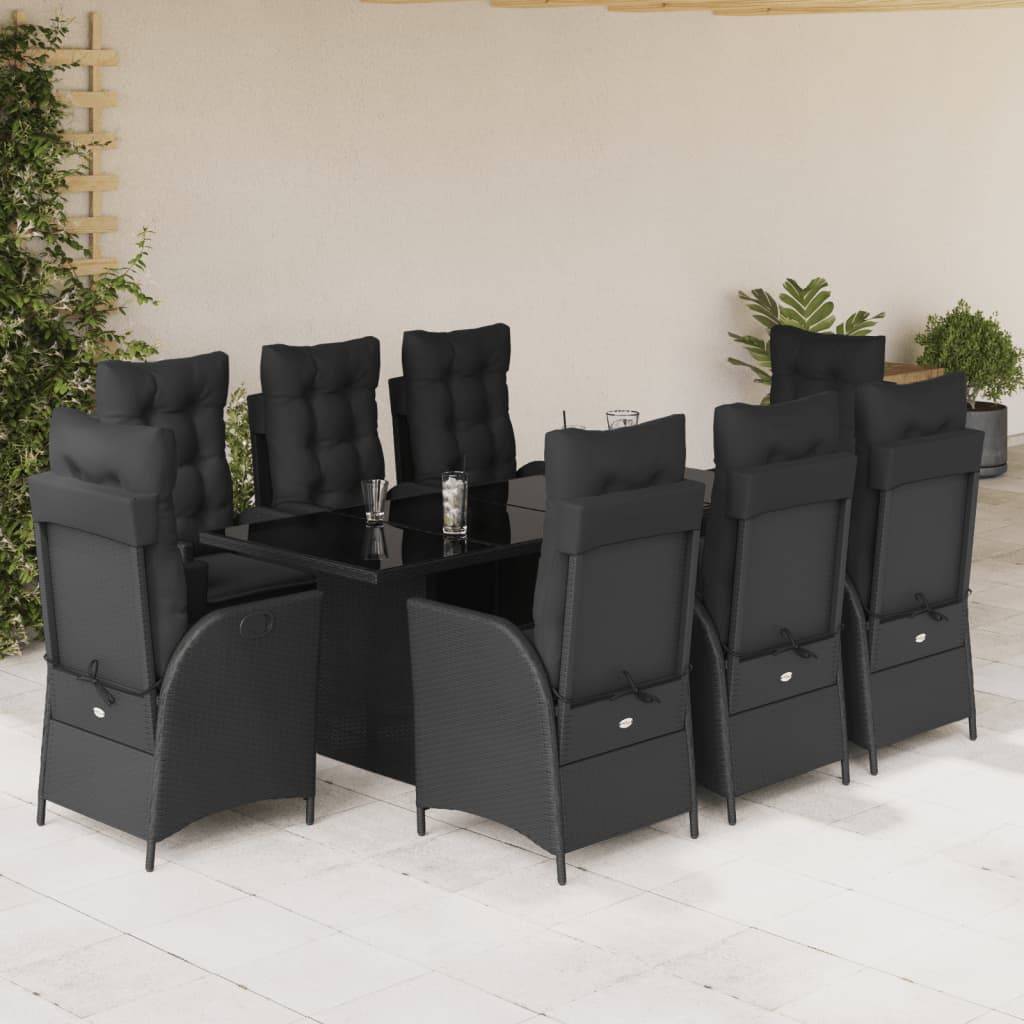 ComfortXL - Salon de Jardin Poly Rotin Noir 8 Places, 2 Fauteuils avec Repose-pieds, Table 190x80cm, Coussins Noirs – ComfortXL Outdoor Living