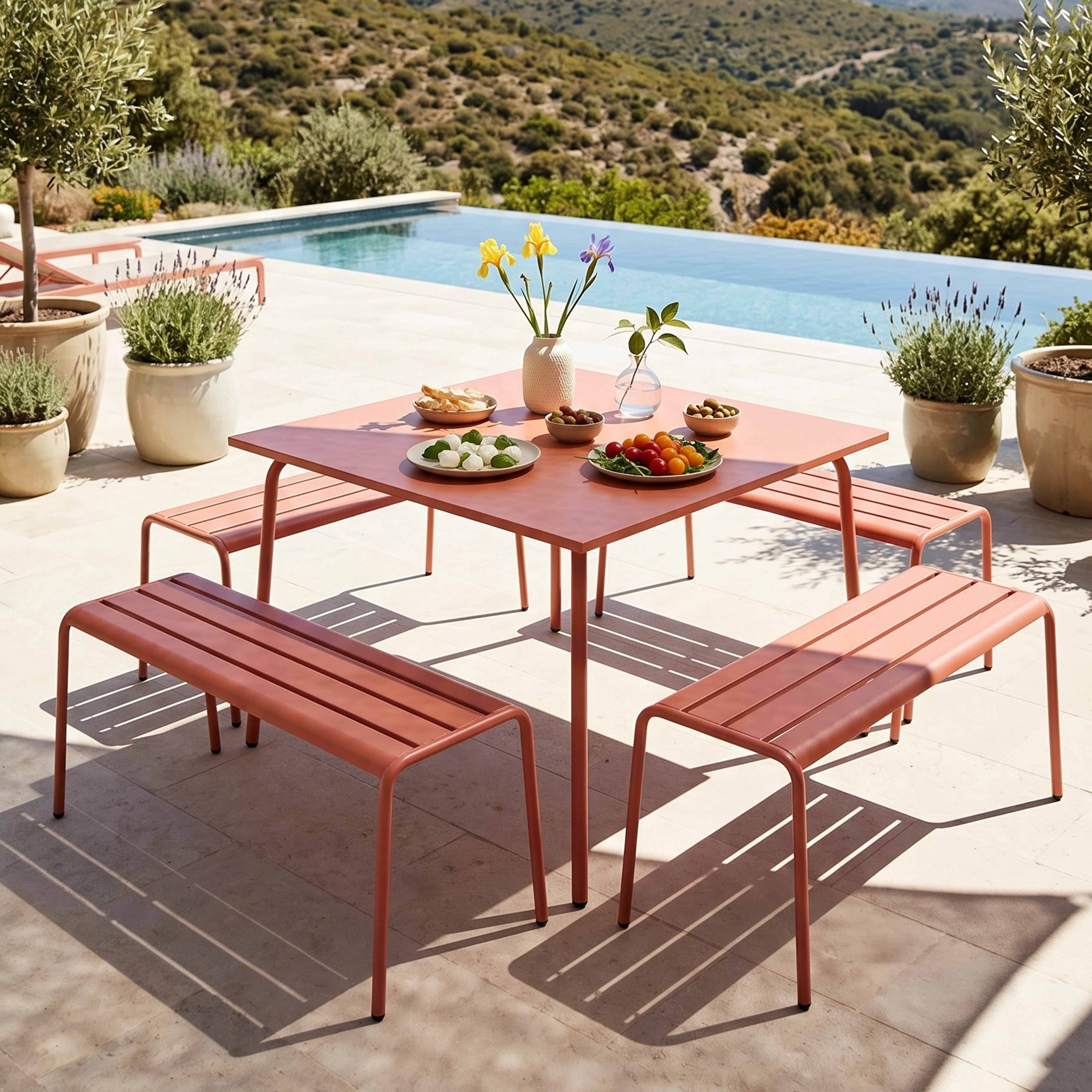 Oviala - Ensemble table de jardin carrée et 4 bancs en métal argile Palavas - Oviala - Imagen 2
