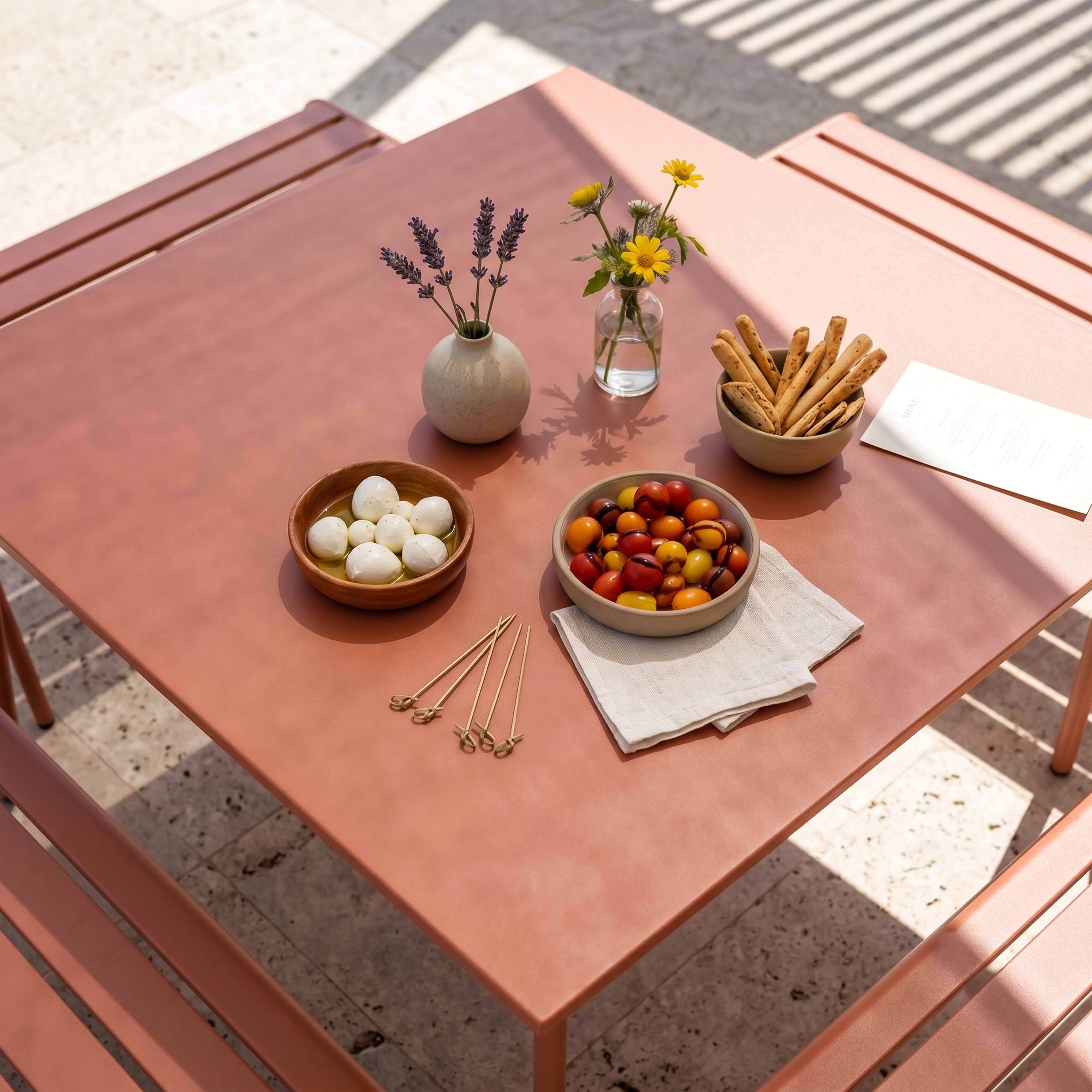 Oviala - Ensemble table de jardin carrée et 4 bancs en métal argile Palavas - Oviala - Imagen 3