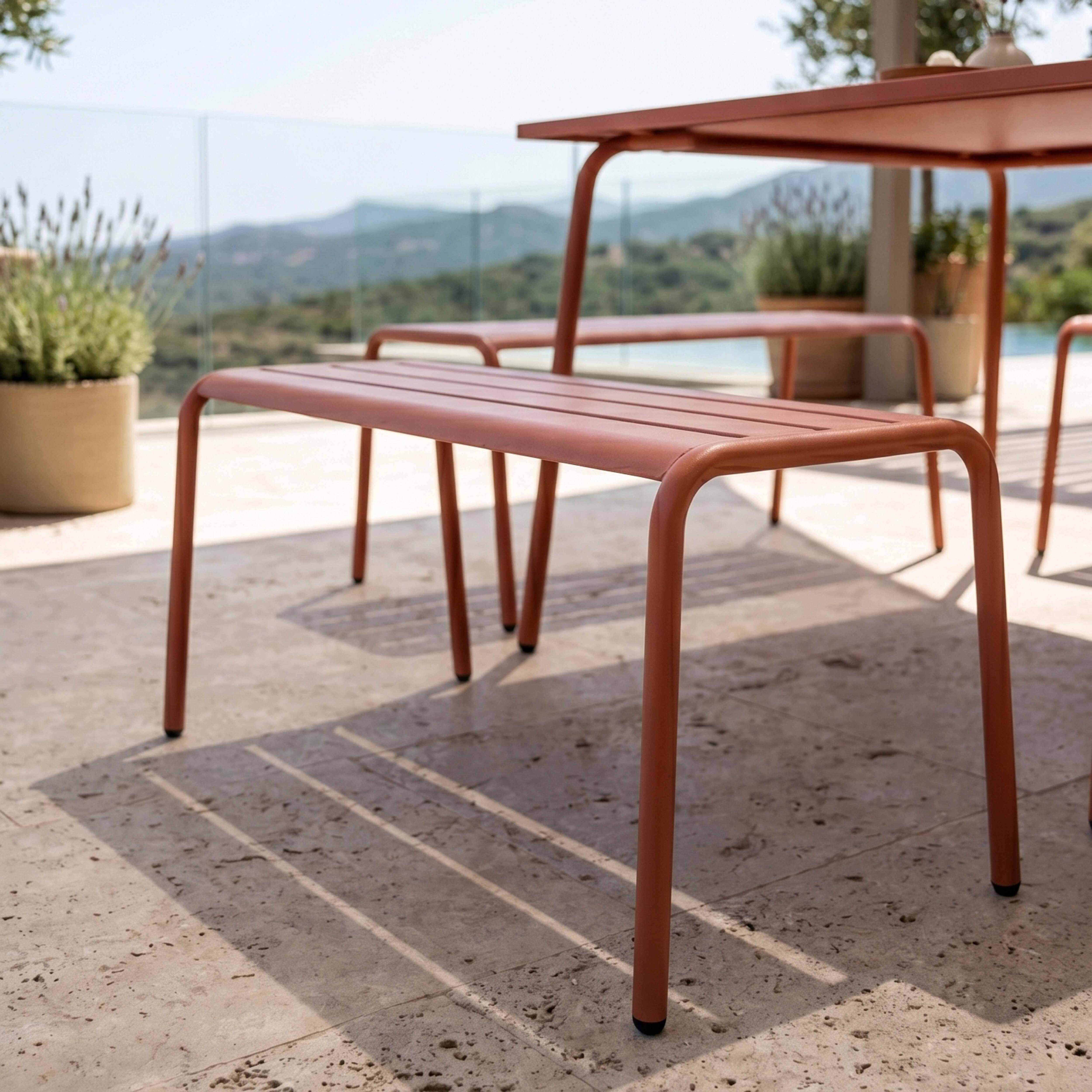 Oviala - Ensemble table de jardin carrée et 4 bancs en métal argile Palavas - Oviala - Imagen 4