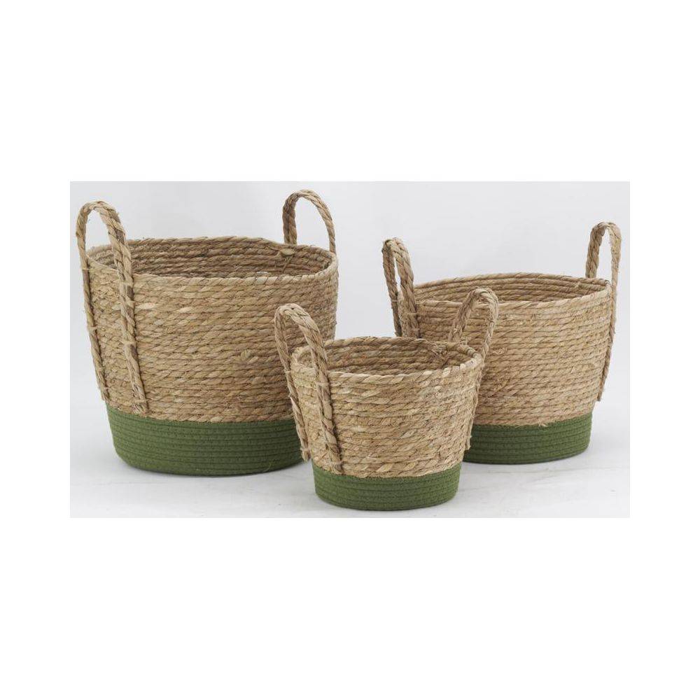 Aubry Gaspard - Cache-pots en jonc naturel et coton vert (lot de 3) - Imagen 3