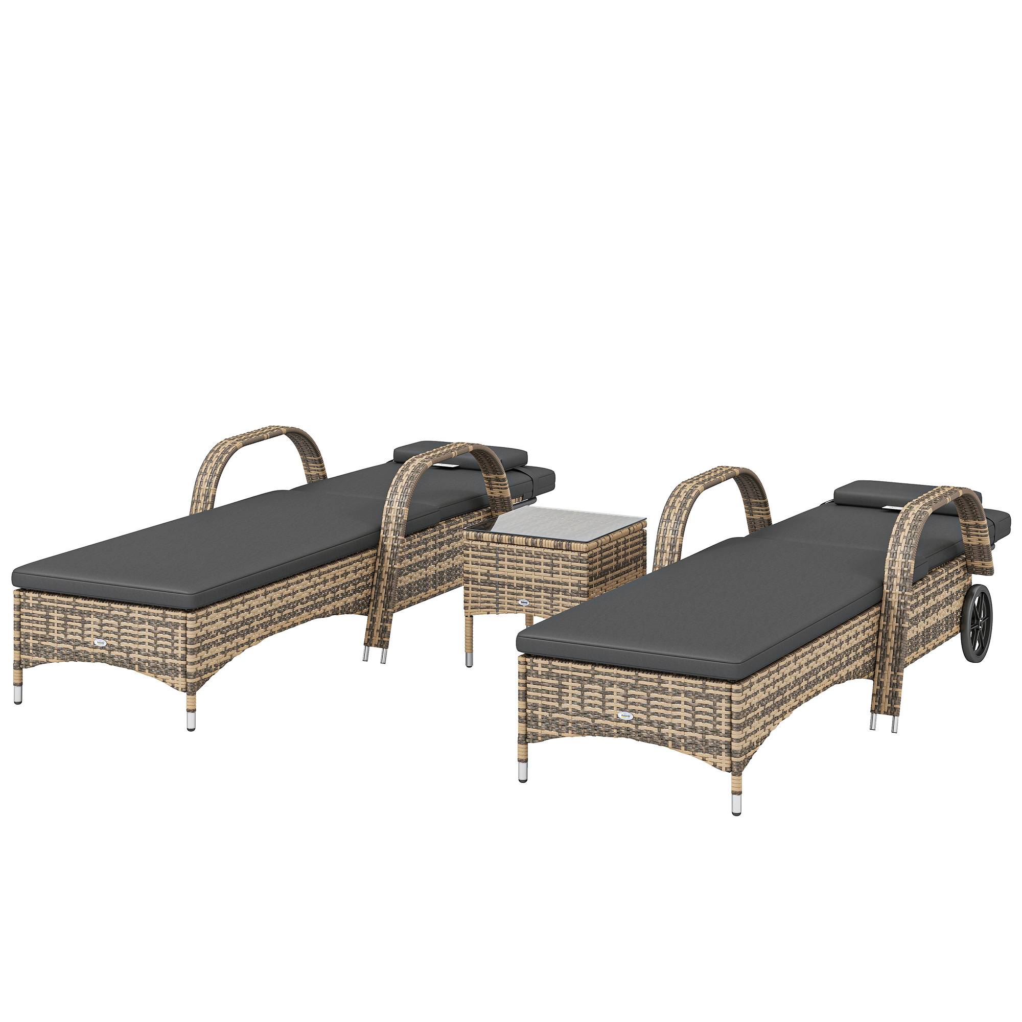 Maison Chic - Lot de 2 transats bains de soleil : matelas, têtière, inclinaison réglable roulettes + table basse verre trempé gris foncé