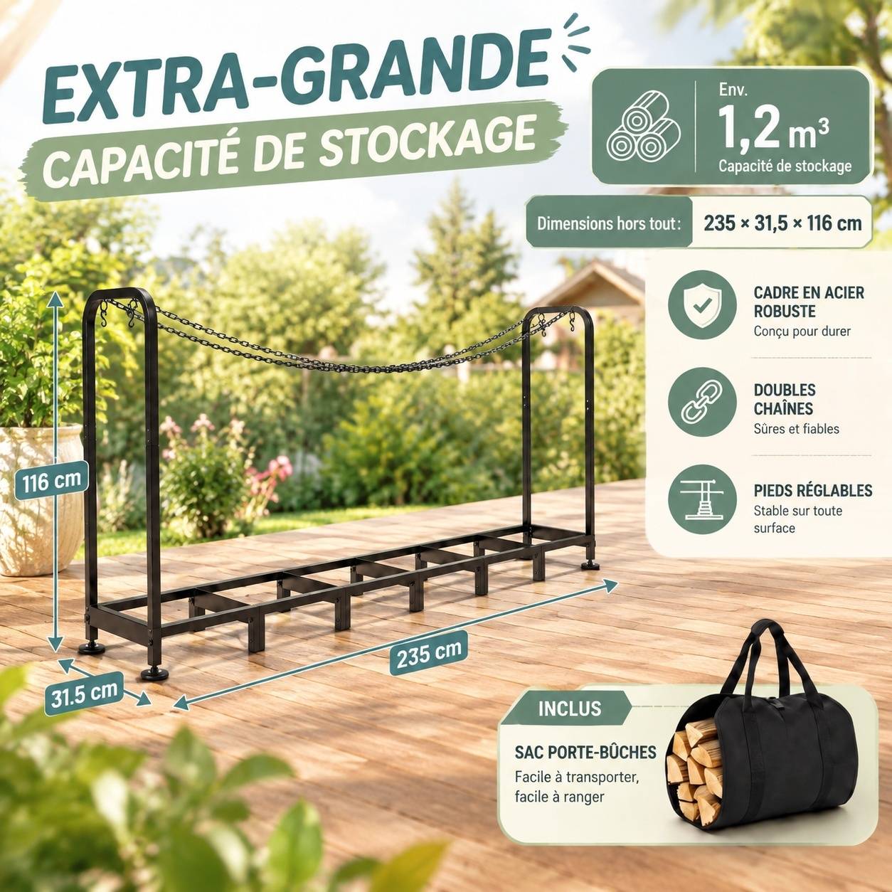 Support de Rangement Bois Métal Antirouille Extérieur Ajustable - Image 2