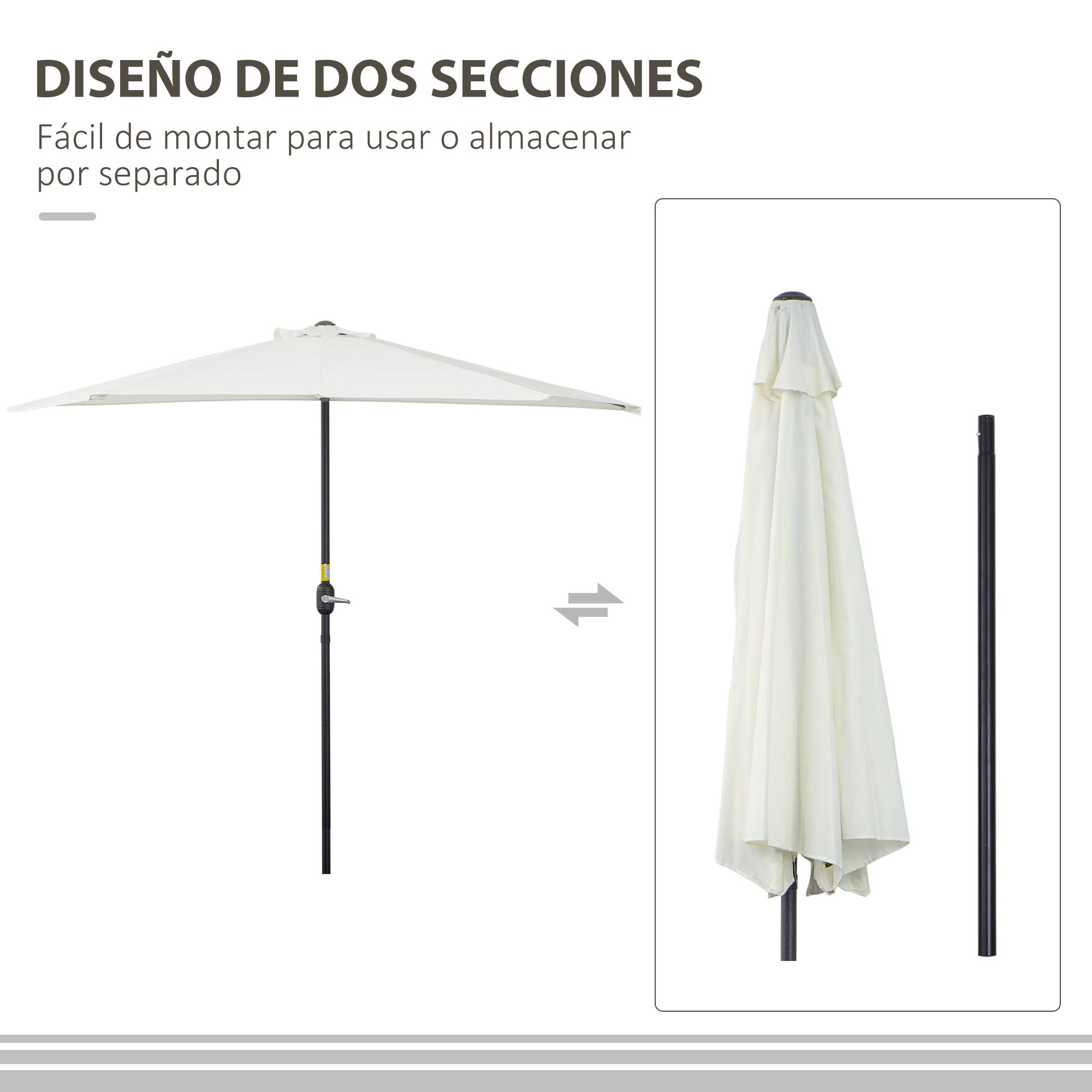 Parasol 269x138x236 cm, manivelle, forme semi-circulaire, polyester 180 g/m², terrasse patio piscine creme - Image 9