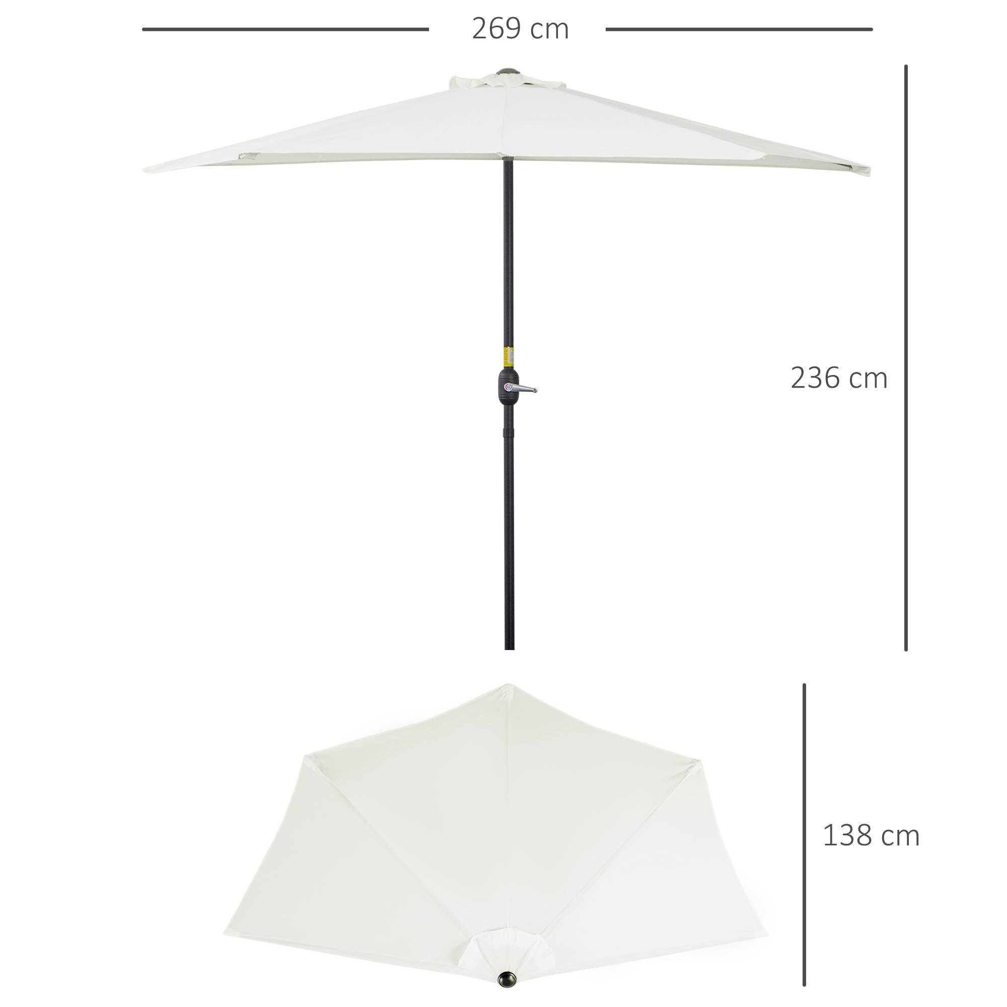Parasol 269x138x236 cm, manivelle, forme semi-circulaire, polyester 180 g/m², terrasse patio piscine creme - Image 5