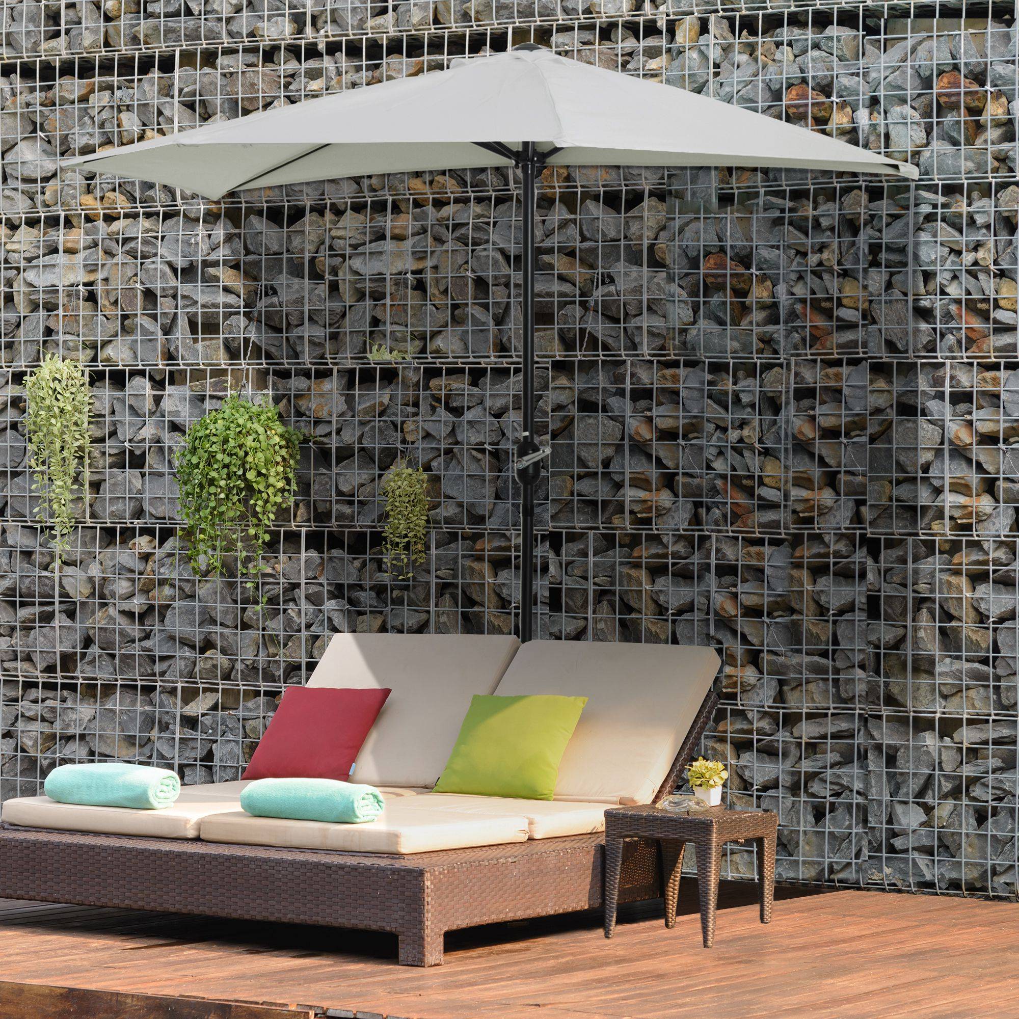 Parasol 269x138x236 cm, manivelle, forme semi-circulaire, polyester 180 g/m², terrasse patio piscine creme - Image 4