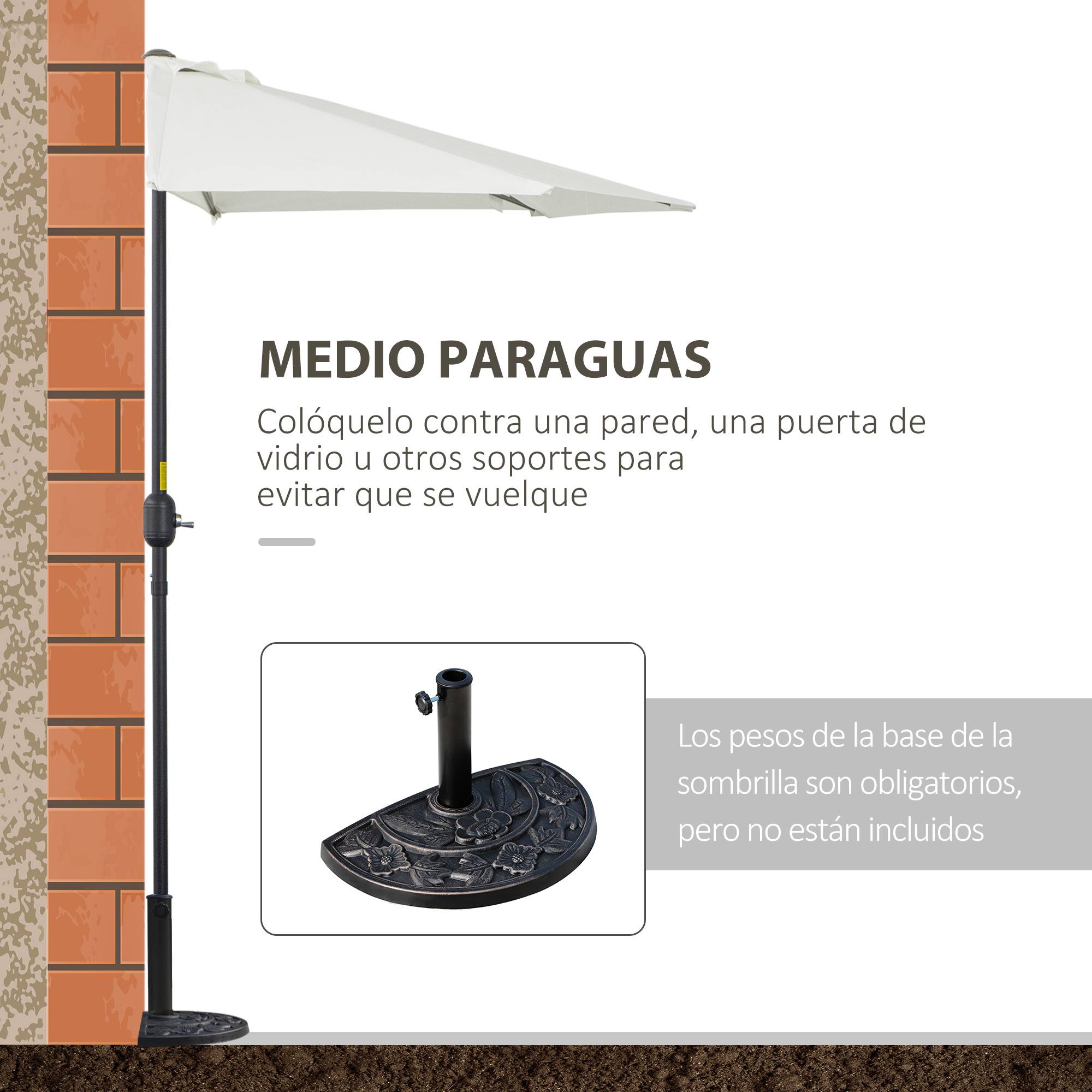Parasol 269x138x236 cm, manivelle, forme semi-circulaire, polyester 180 g/m², terrasse patio piscine creme - Image 7