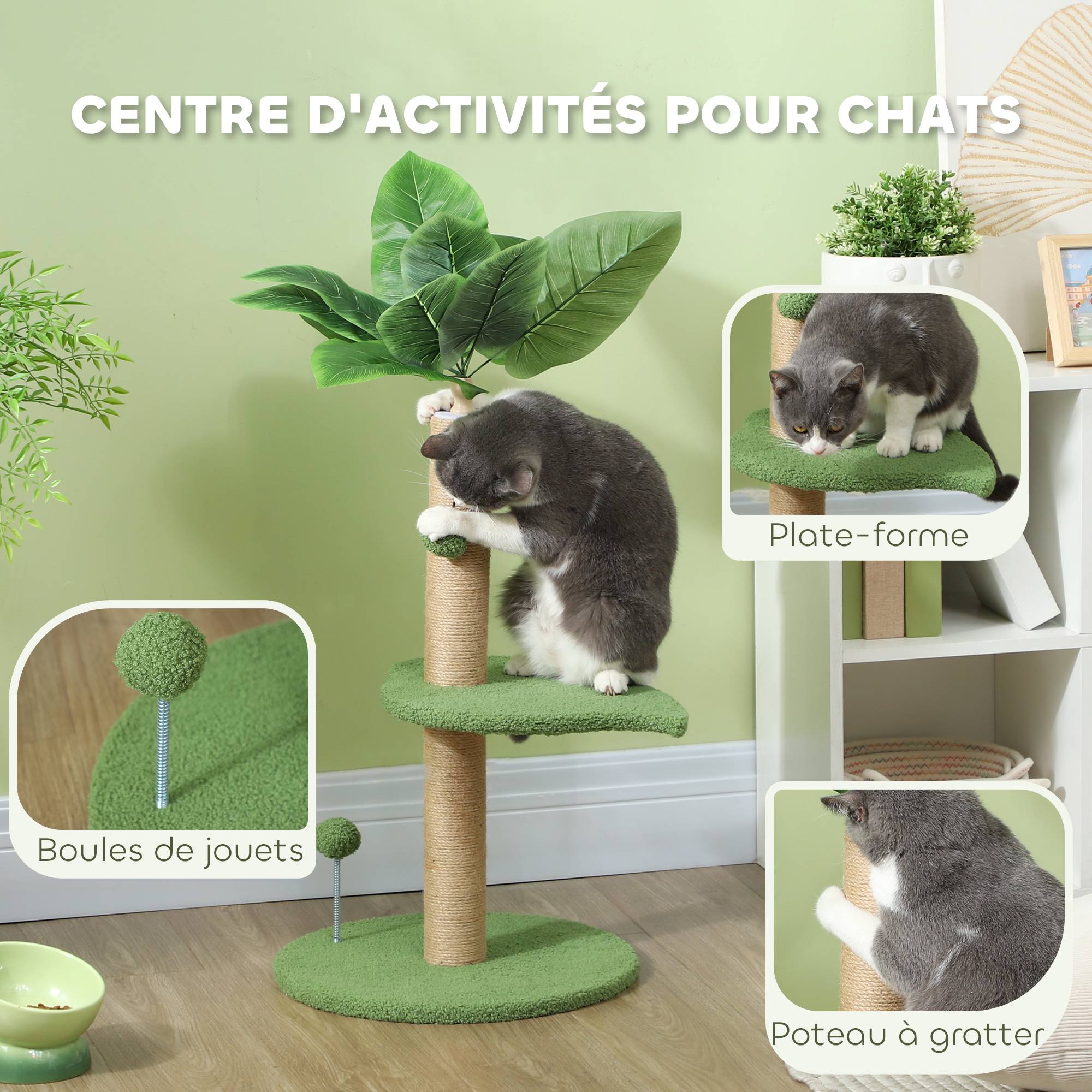 Arbre à Chat Décoratif Design Plante Verte avec Griffoir et Jouets 83 cm - ComfortXL Outdoor Living - Image 7