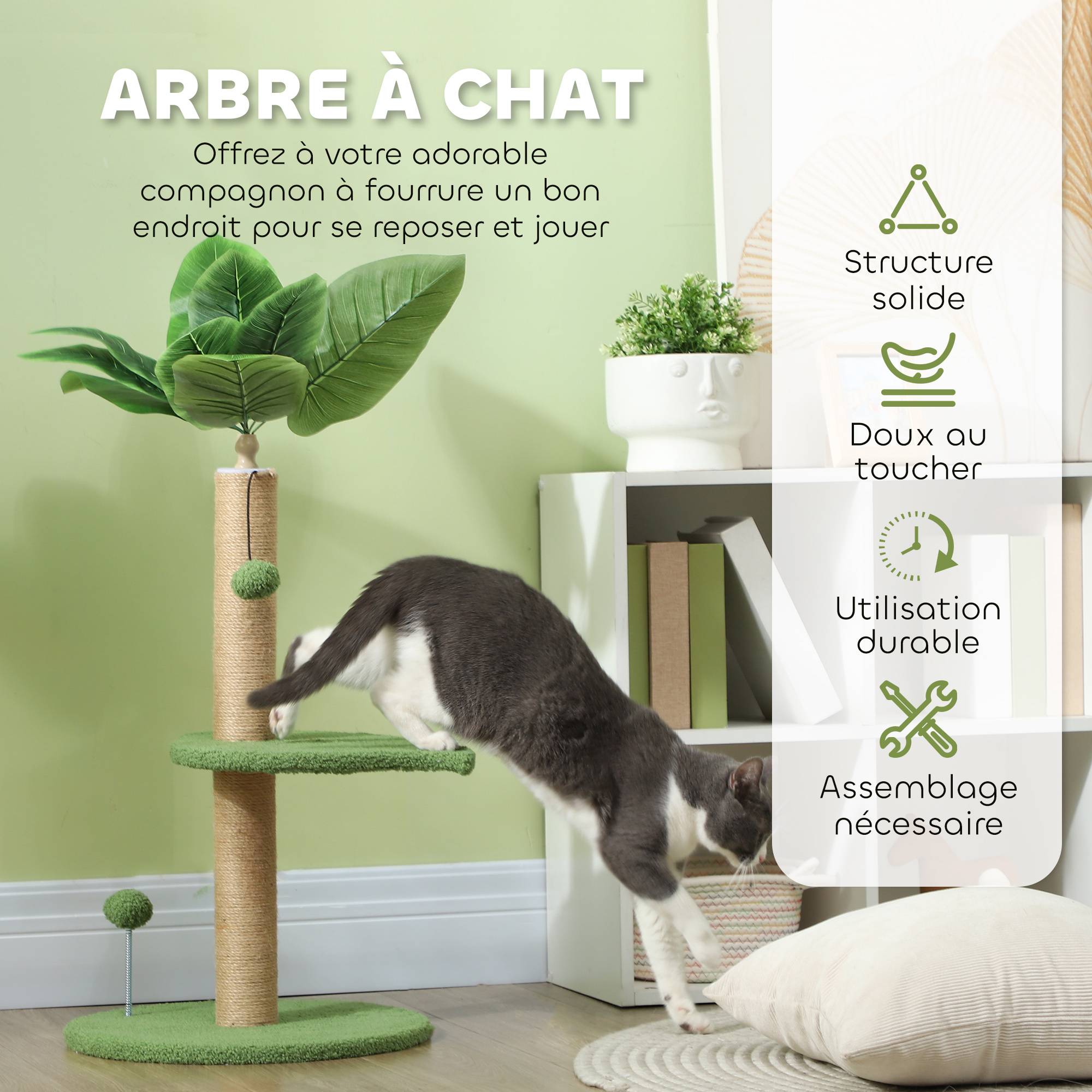 Arbre à Chat Décoratif Design Plante Verte avec Griffoir et Jouets 83 cm - ComfortXL Outdoor Living - Image 6