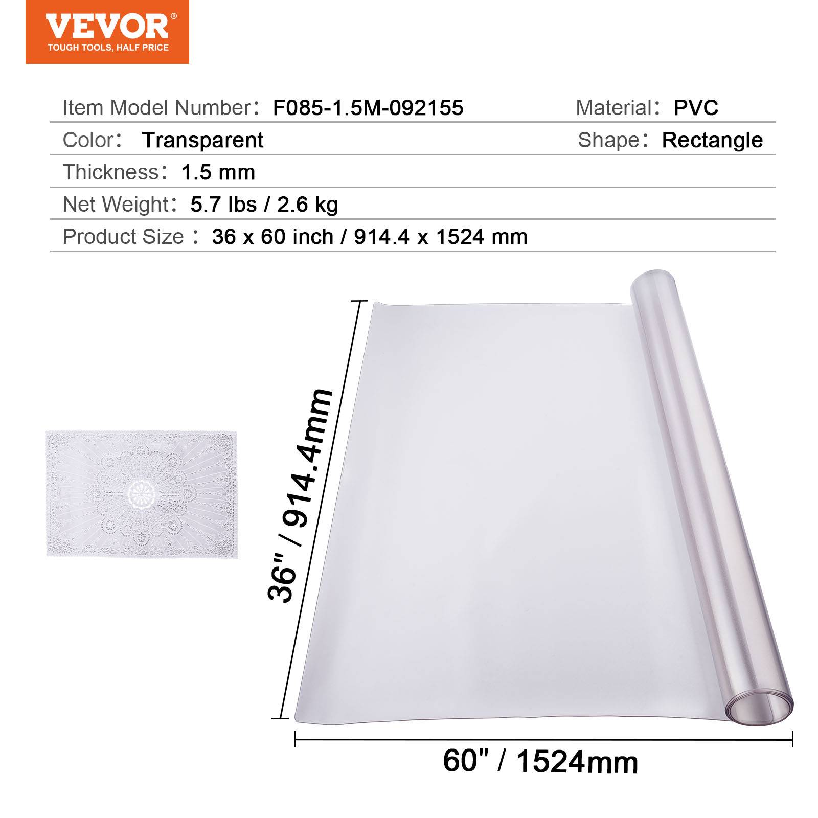 VEVOR Protecteur bureau givré, 36x60", 1.5mm, PVC, rectangulaire, imperméable, table. - Image 7