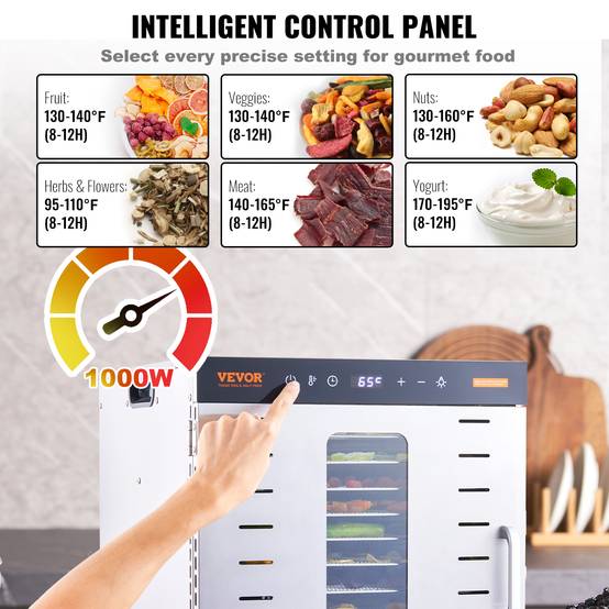 VEVOR Déshydrateur Alimentaire 10 Plateaux Inox 1 kW, Température Réglable 30-90°C, Minuterie 48 h. - Image 4