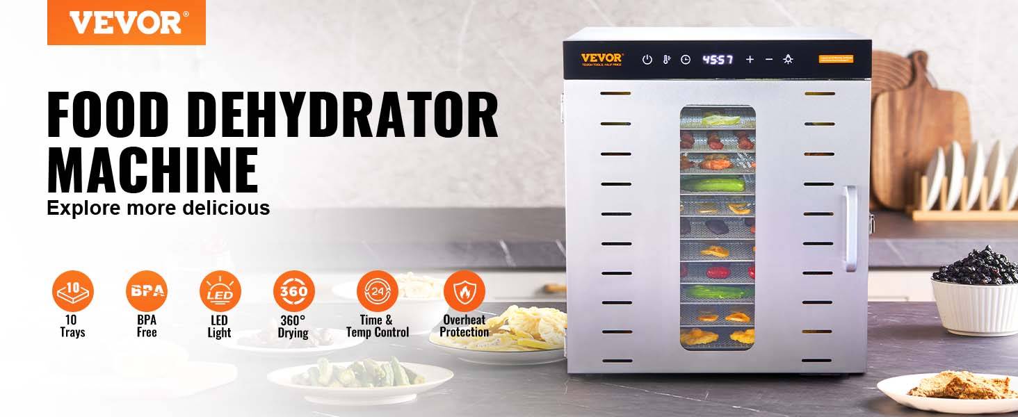 VEVOR Déshydrateur Alimentaire 10 Plateaux Inox 1 kW, Température Réglable 30-90°C, Minuterie 48 h. - Image 9