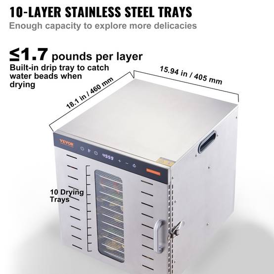 VEVOR Déshydrateur Alimentaire 10 Plateaux Inox 1 kW, Température Réglable 30-90°C, Minuterie 48 h. - Image 3