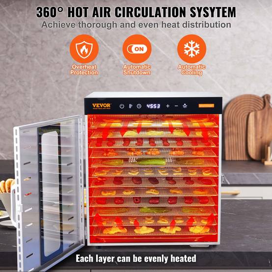 VEVOR Déshydrateur Alimentaire 10 Plateaux Inox 1 kW, Température Réglable 30-90°C, Minuterie 48 h. - Image 6