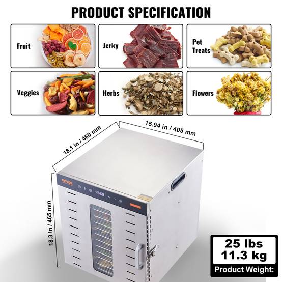 VEVOR Déshydrateur Alimentaire 10 Plateaux Inox 1 kW, Température Réglable 30-90°C, Minuterie 48 h. - Image 7