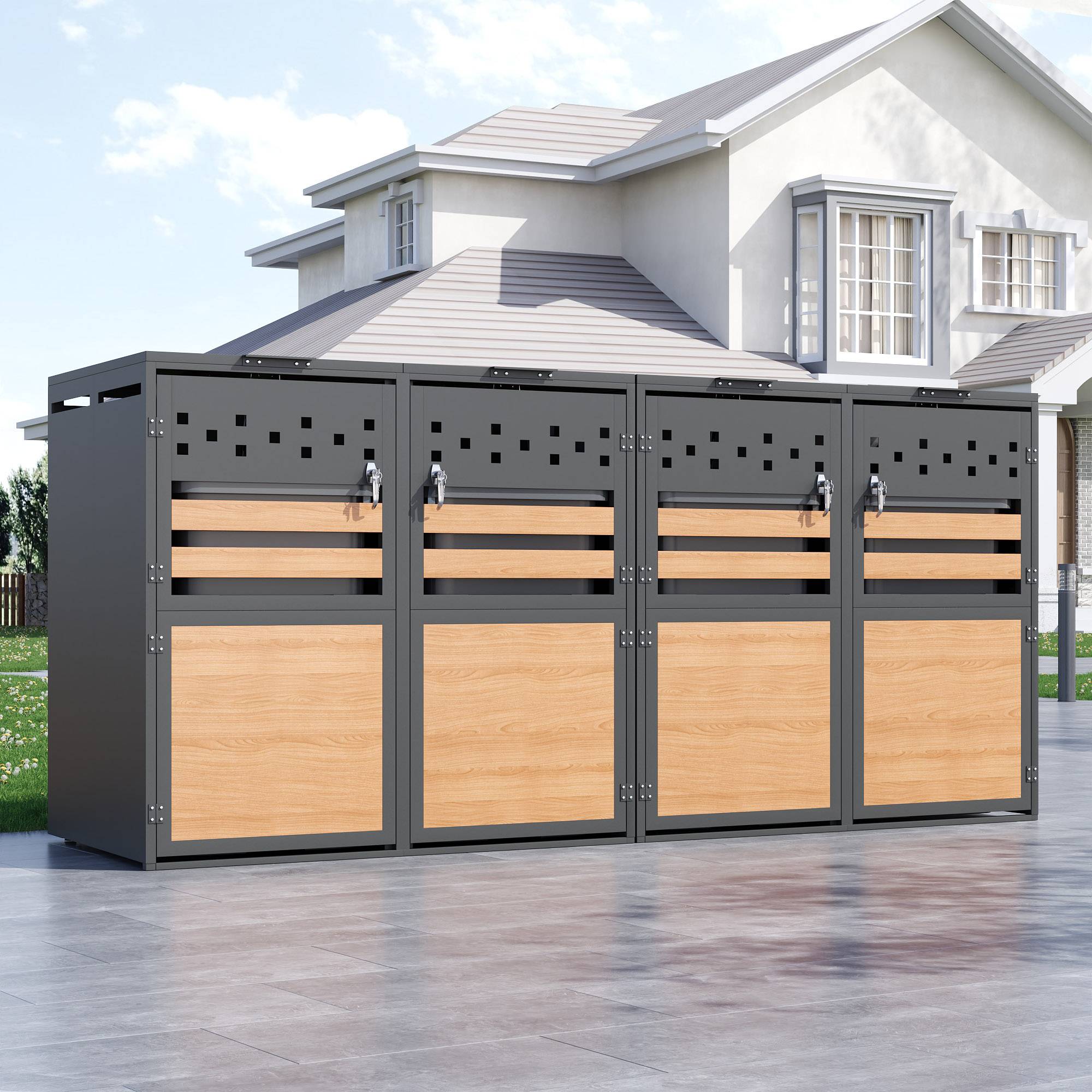 Cache-poubelle acier galvanisé jardin couvercle hydraulique gris bois 132x80x120cm - ComfortXL Outdoor Living - Image 1