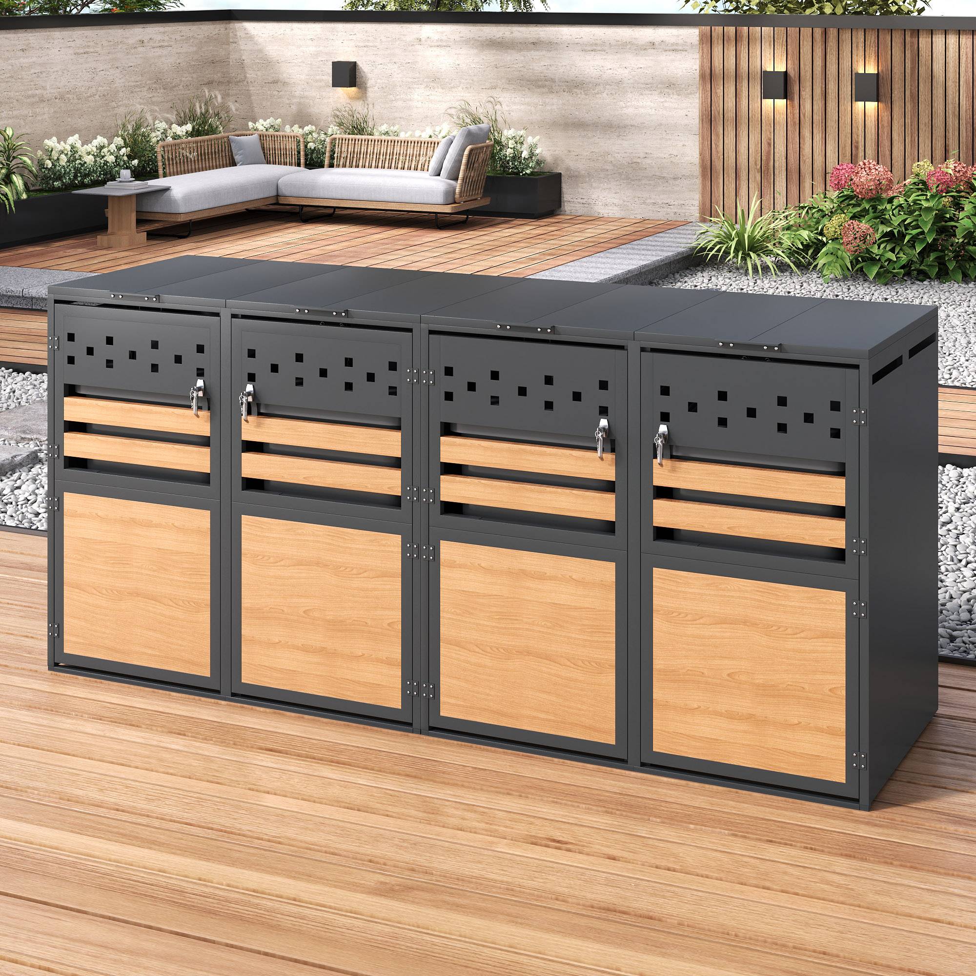 Cache-poubelle acier galvanisé jardin couvercle hydraulique gris bois 132x80x120cm - ComfortXL Outdoor Living - Image 9