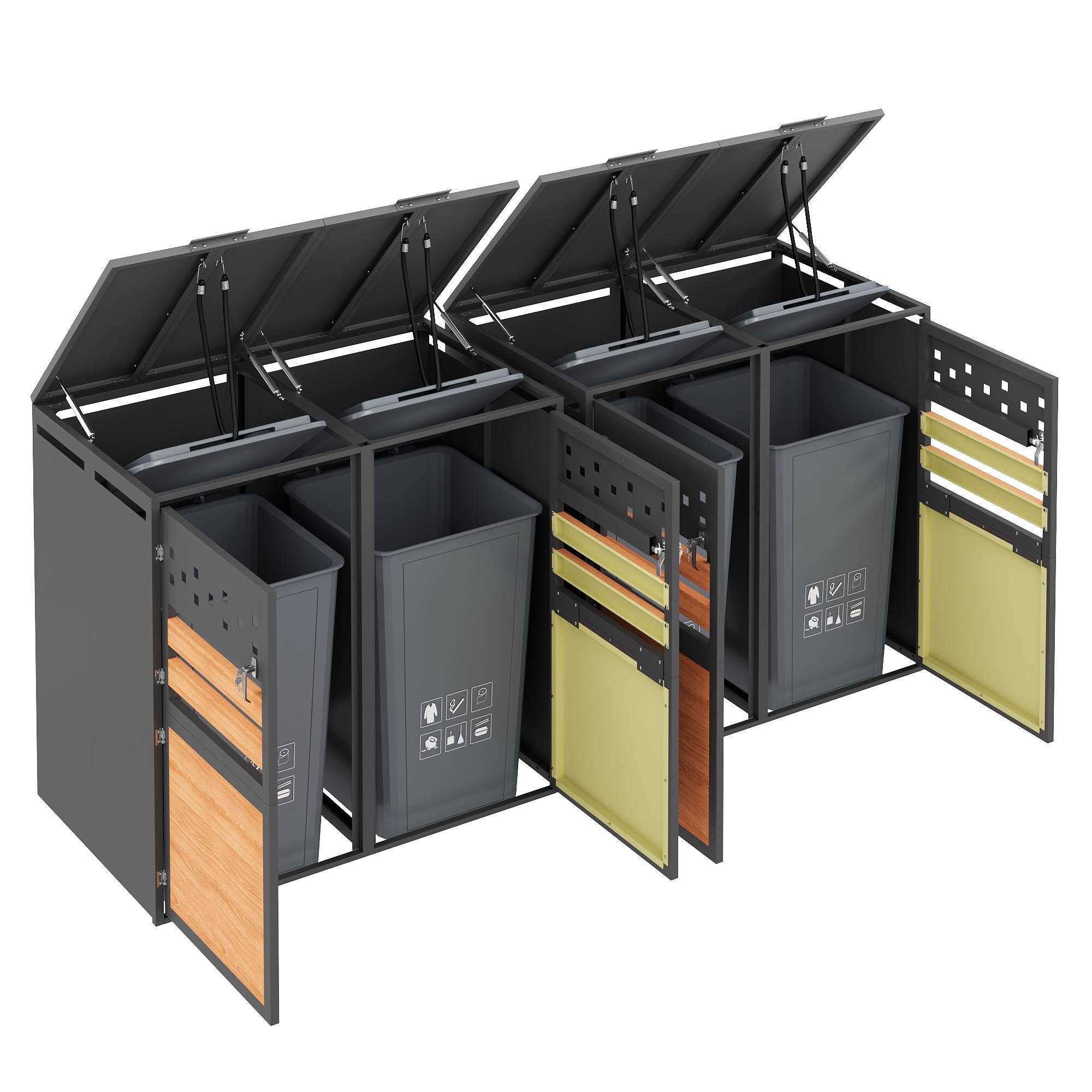 Cache-poubelle acier galvanisé jardin couvercle hydraulique gris bois 132x80x120cm - ComfortXL Outdoor Living - Image 6