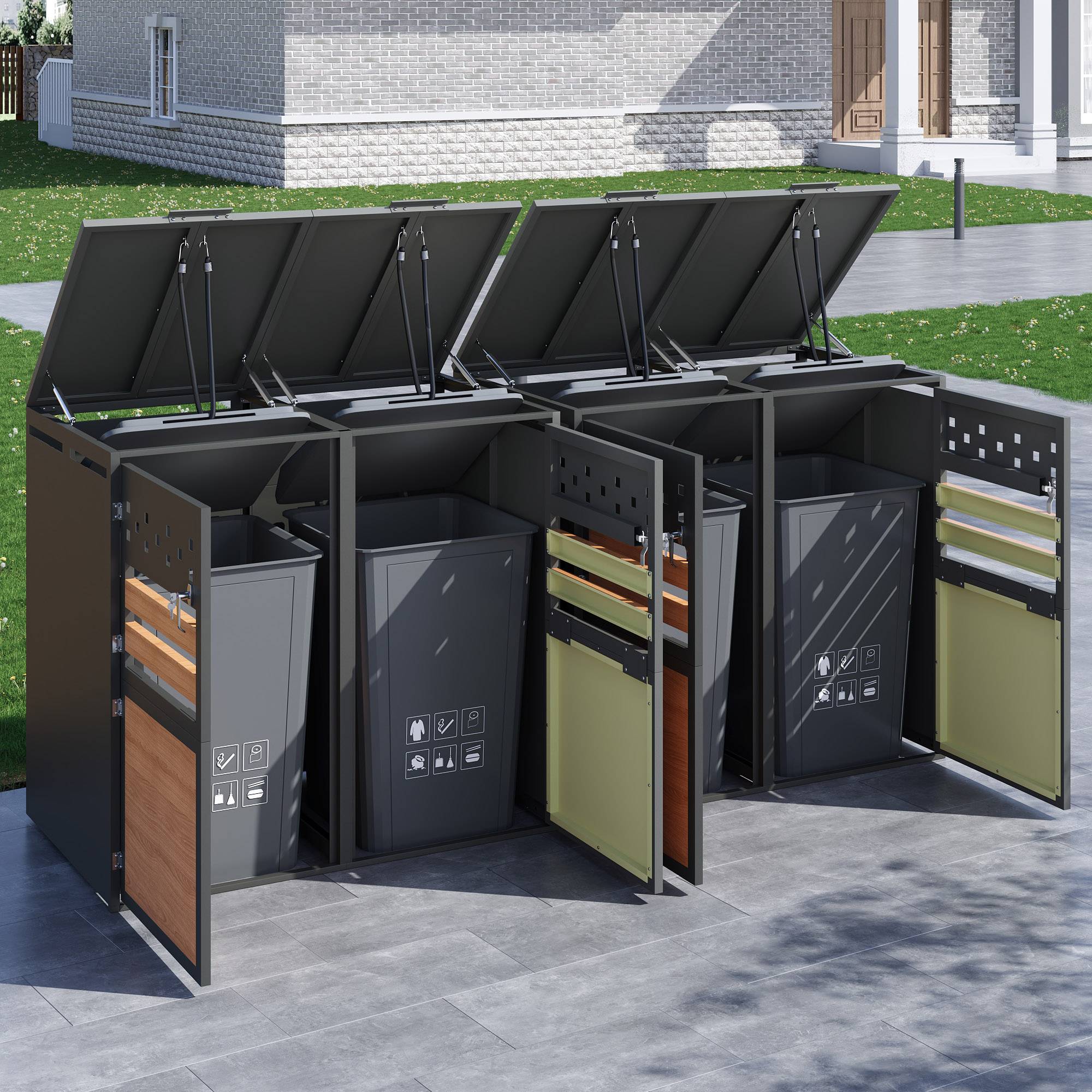 Cache-poubelle acier galvanisé jardin couvercle hydraulique gris bois 132x80x120cm - ComfortXL Outdoor Living - Image 2