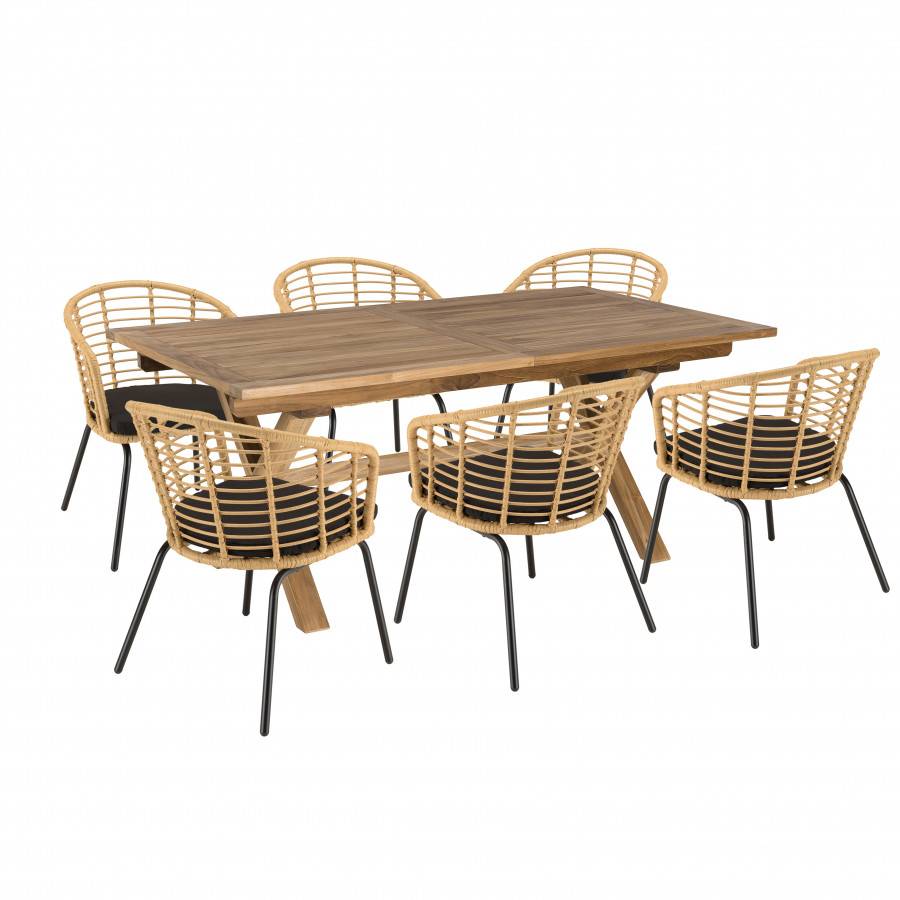 Macabane - MALO - SALON DE JARDIN 6 PERS. - 1 table rectangulaire 180x100cm et 6 fauteuils beiges et noirs - Imagen 1