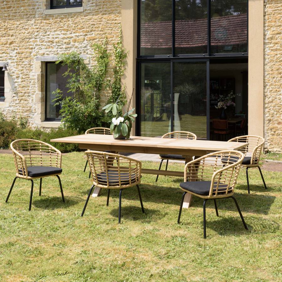 Macabane - MALO - SALON DE JARDIN 6 PERS. - 1 table rectangulaire 180x100cm et 6 fauteuils beiges et noirs - Imagen 2