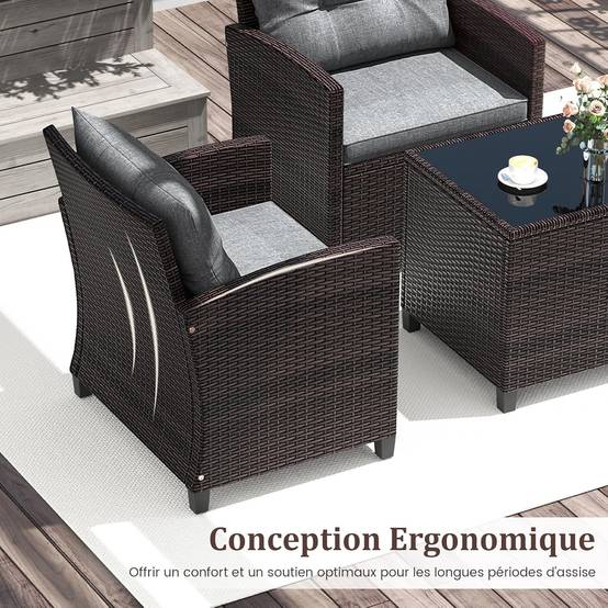Salon de Jardin en Rotin - 3 Pièces - Charge 180KG - 2 Fauteuils et Table Basse avec Plateau en Verre Trempé – Gris - Image 4