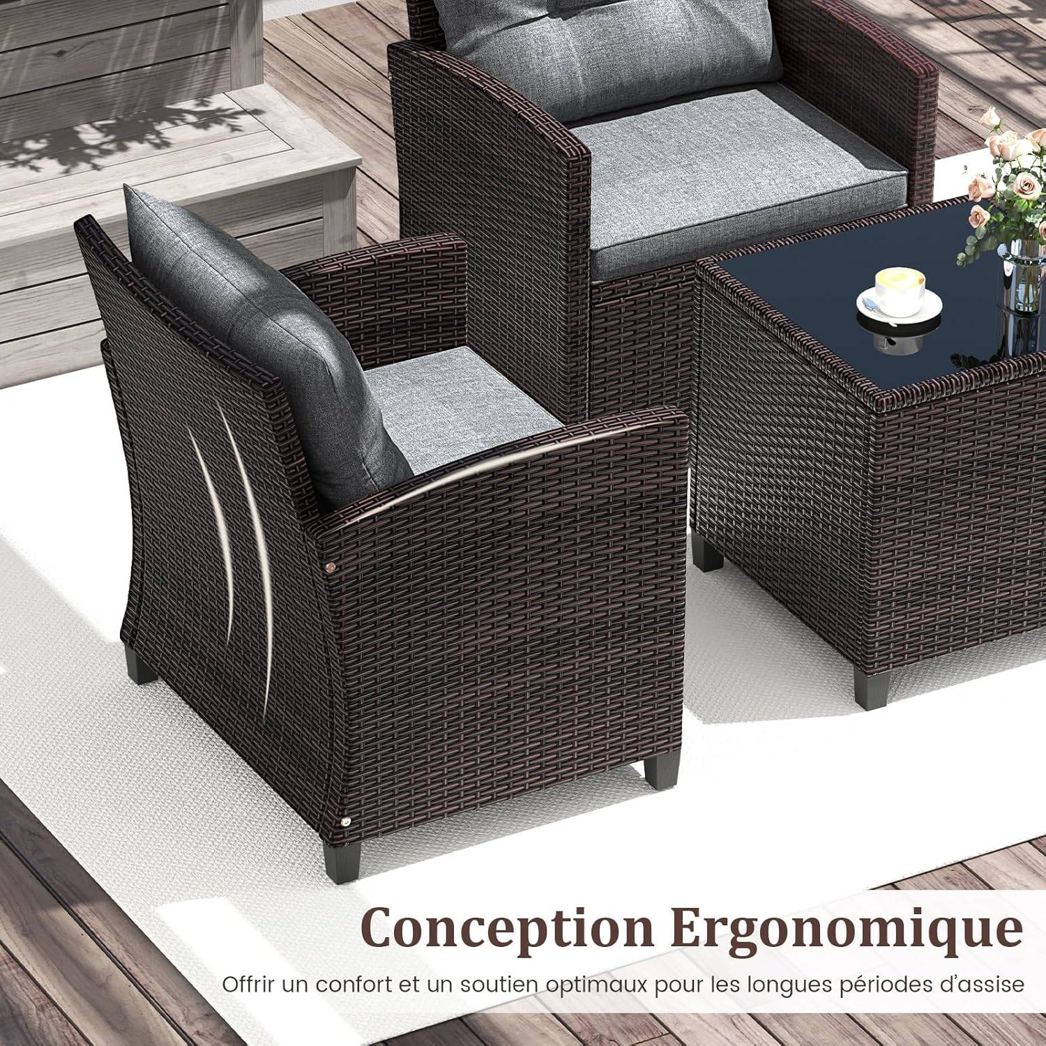 Salon de Jardin en Rotin - 3 Pièces - Charge 180KG - 2 Fauteuils et Table Basse avec Plateau en Verre Trempé – Gris - Image 4