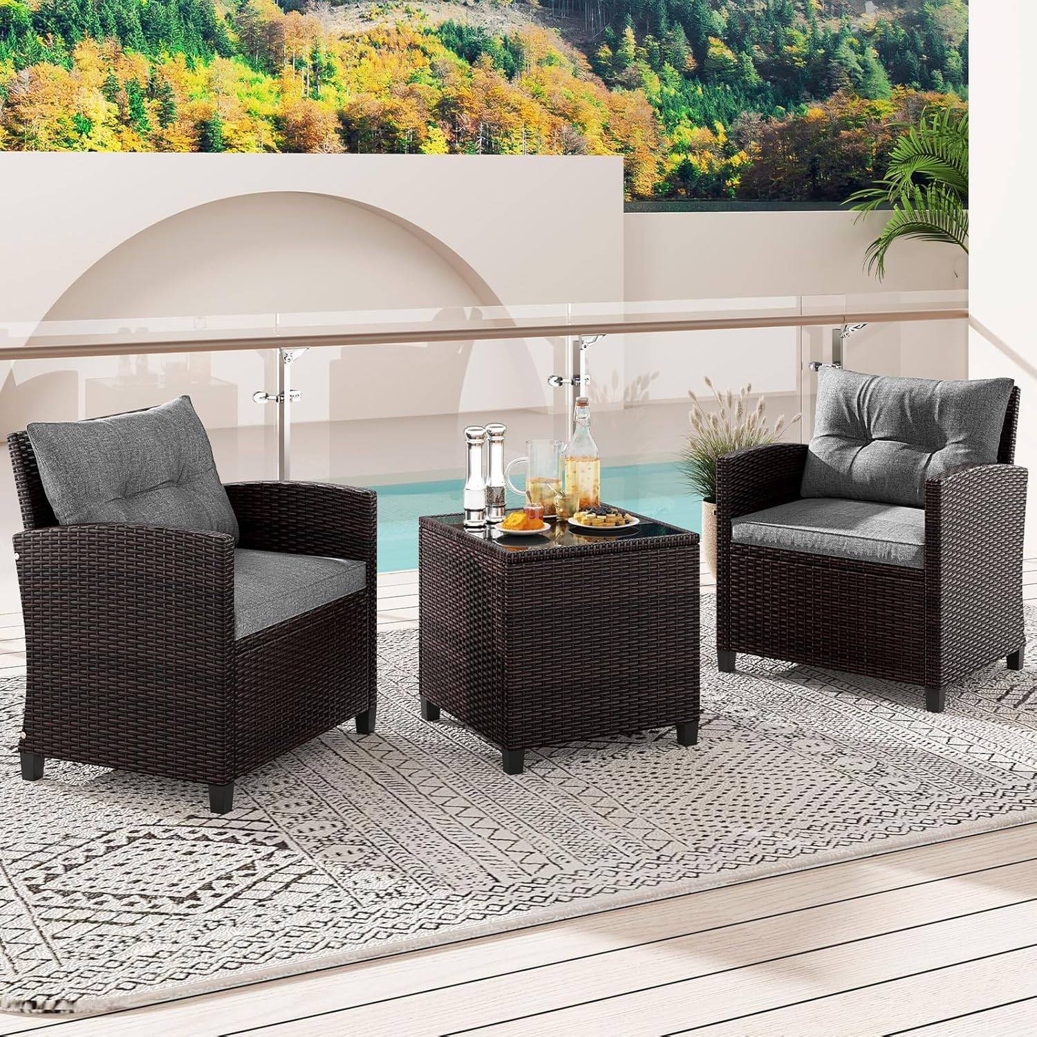 Salon de Jardin en Rotin - 3 Pièces - Charge 180KG - 2 Fauteuils et Table Basse avec Plateau en Verre Trempé – Gris - Image 8