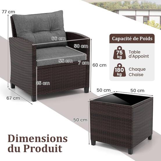 Salon de Jardin en Rotin - 3 Pièces - Charge 180KG - 2 Fauteuils et Table Basse avec Plateau en Verre Trempé – Gris - Image 5
