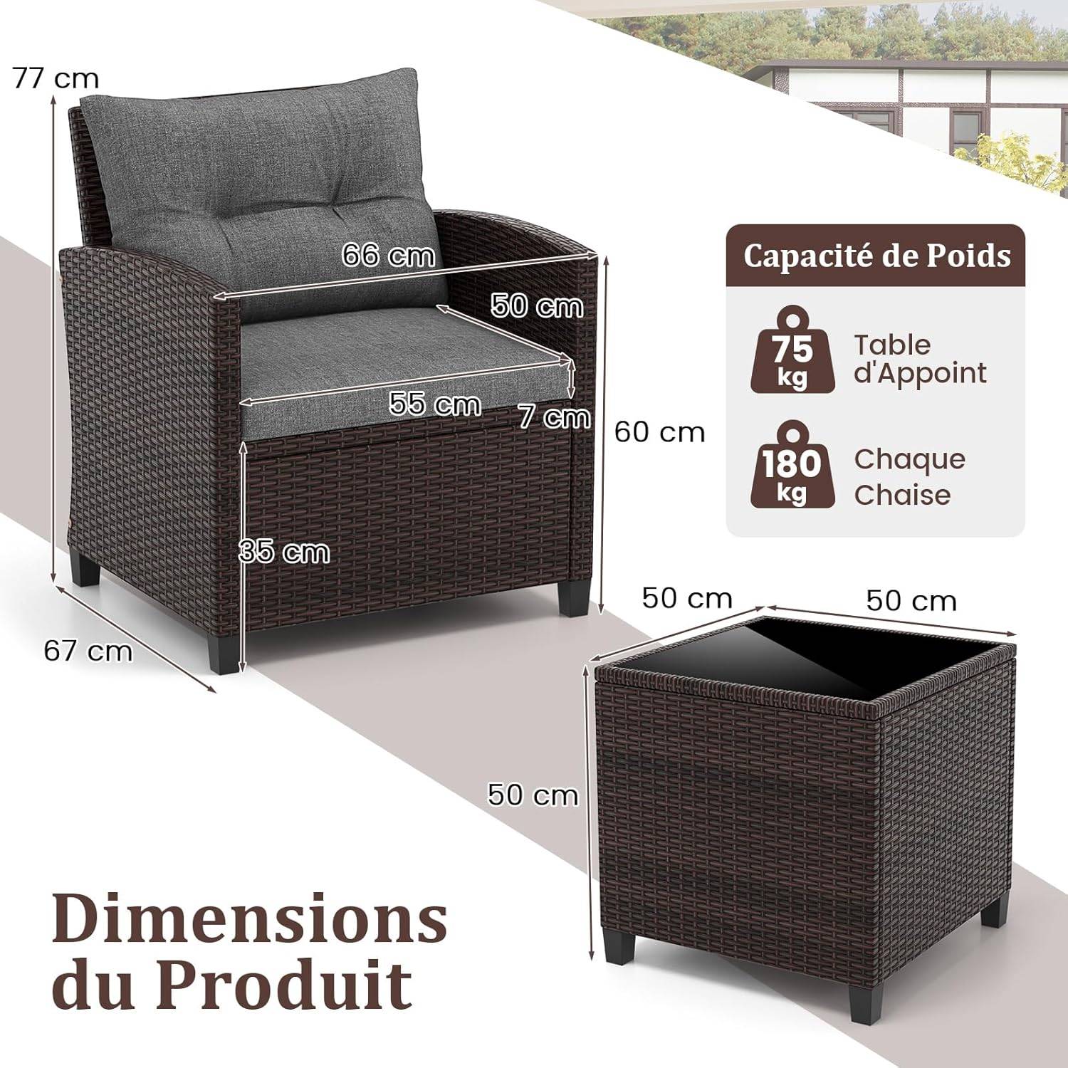 Salon de Jardin en Rotin - 3 Pièces - Charge 180KG - 2 Fauteuils et Table Basse avec Plateau en Verre Trempé – Gris - Image 5