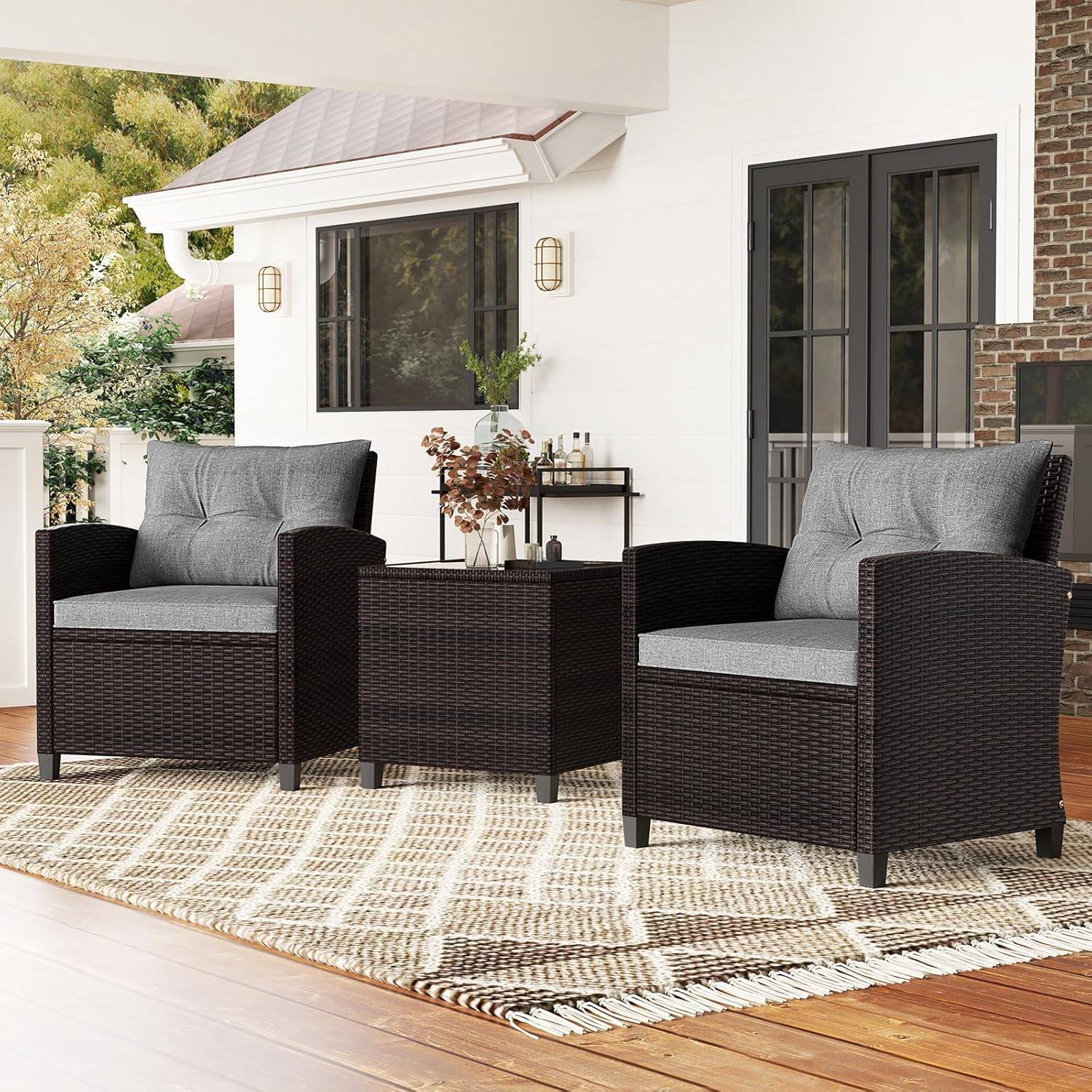 Salon de Jardin en Rotin - 3 Pièces - Charge 180KG - 2 Fauteuils et Table Basse avec Plateau en Verre Trempé – Gris - Image 9