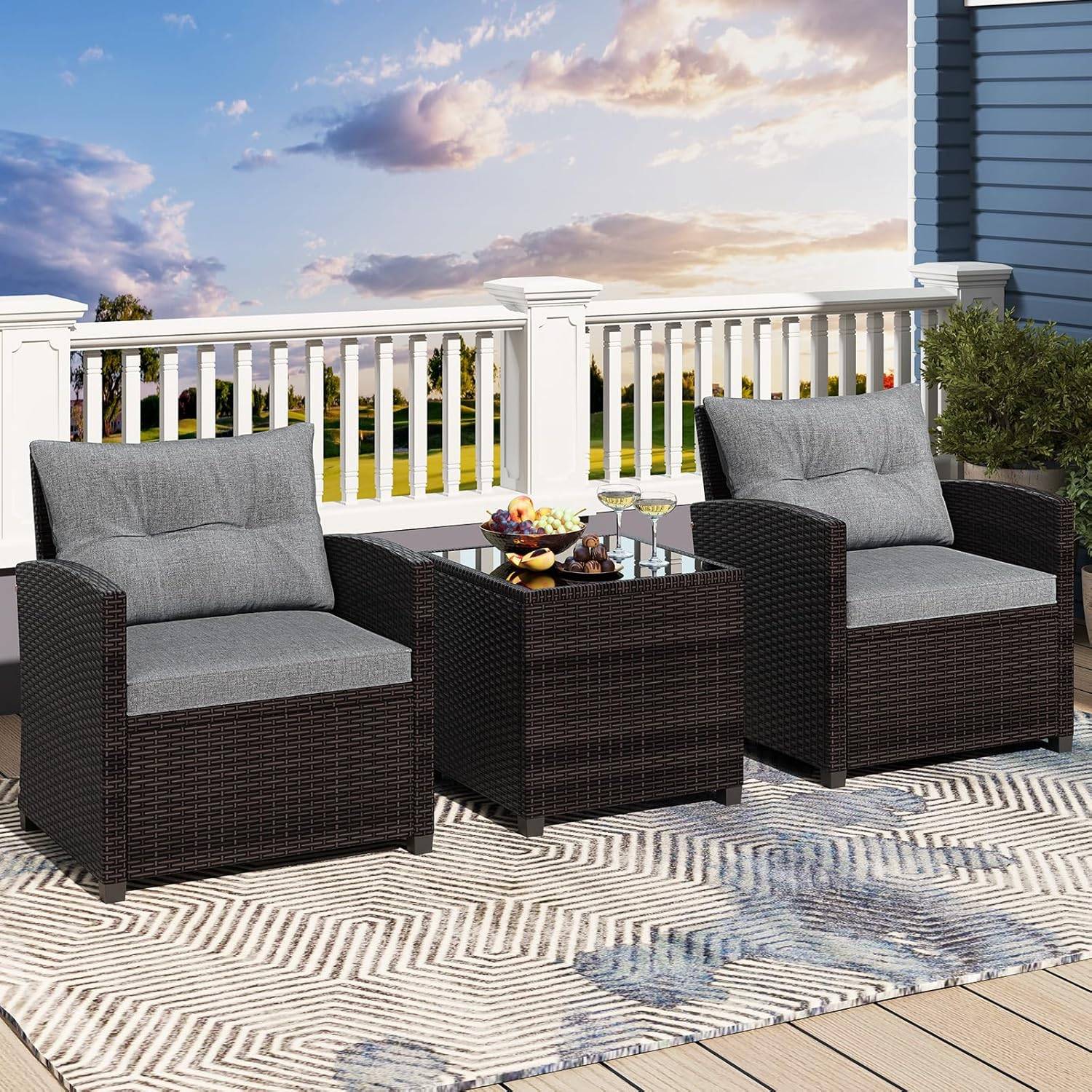 Salon de Jardin en Rotin - 3 Pièces - Charge 180KG - 2 Fauteuils et Table Basse avec Plateau en Verre Trempé – Gris - Image 2