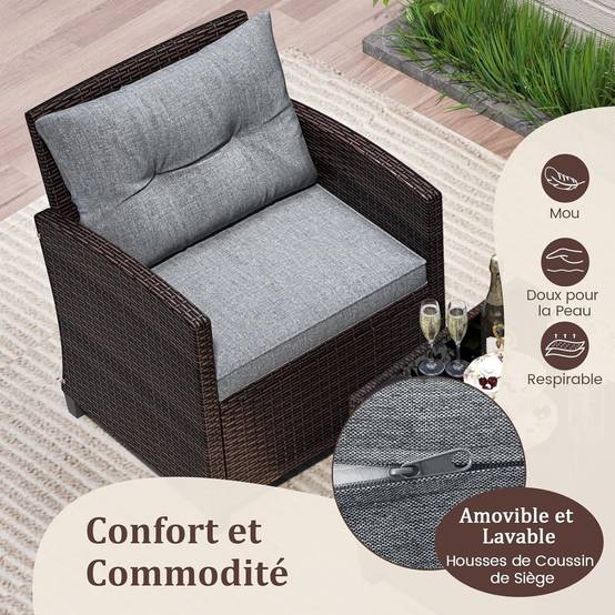 Salon de Jardin en Rotin - 3 Pièces - Charge 180KG - 2 Fauteuils et Table Basse avec Plateau en Verre Trempé – Gris - Image 6