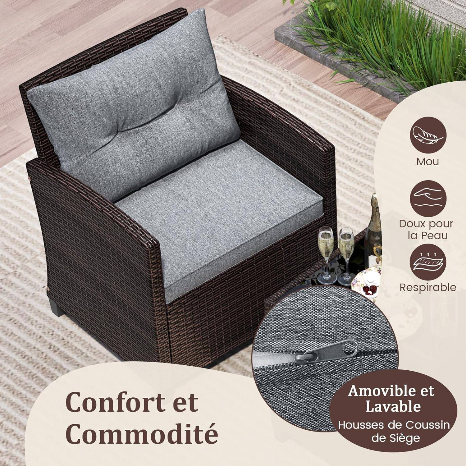 Salon de Jardin en Rotin - 3 Pièces - Charge 180KG - 2 Fauteuils et Table Basse avec Plateau en Verre Trempé – Gris - Image 6