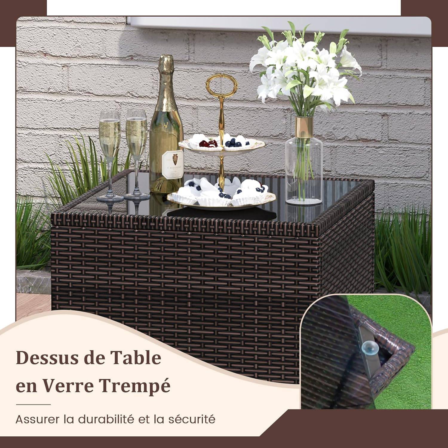Salon de Jardin en Rotin - 3 Pièces - Charge 180KG - 2 Fauteuils et Table Basse avec Plateau en Verre Trempé – Gris - Image 7