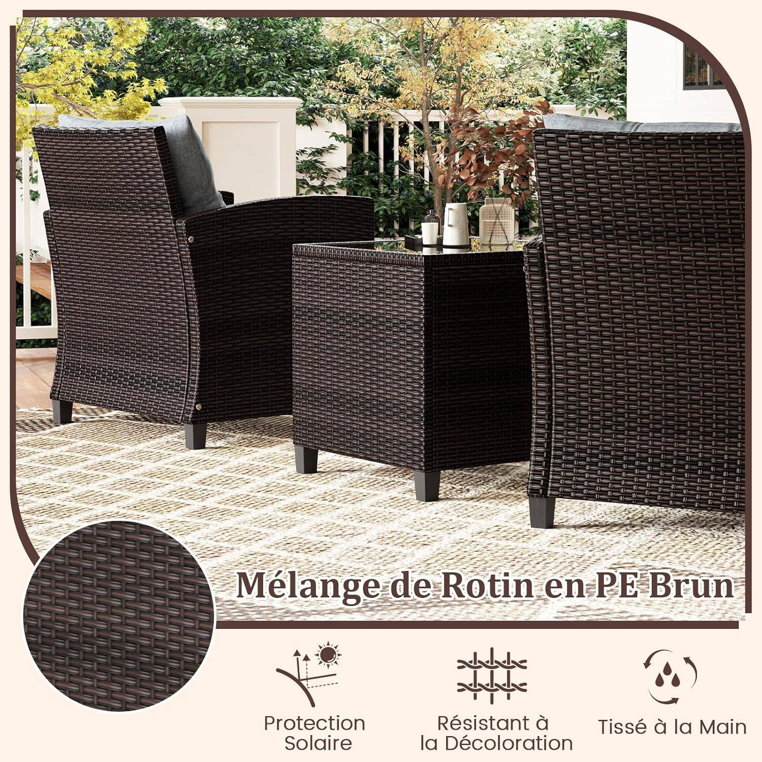 Salon de Jardin en Rotin - 3 Pièces - Charge 180KG - 2 Fauteuils et Table Basse avec Plateau en Verre Trempé – Gris - Image 3